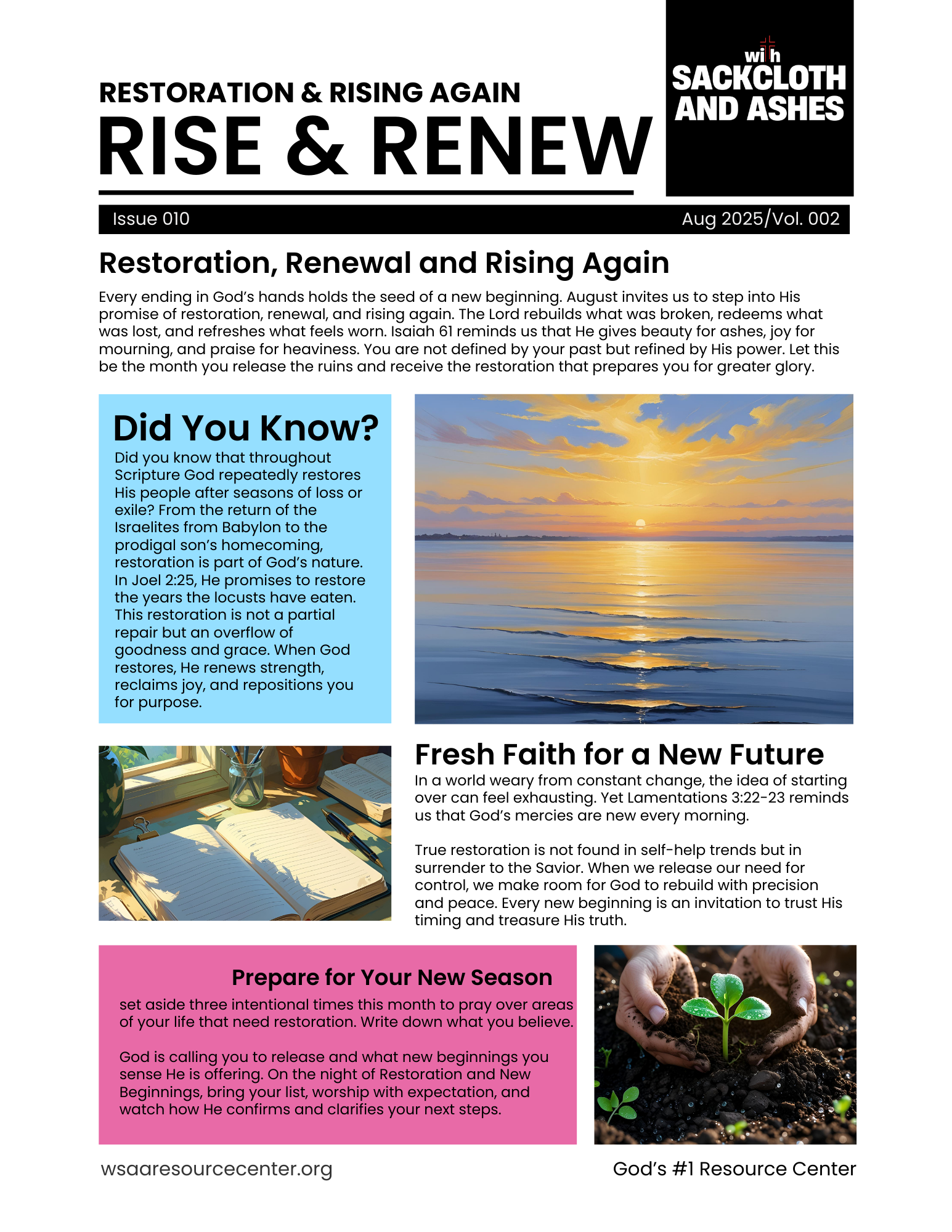 Newsletter titled 'Restoration & Rising Again: Rise & Renew' with articles about God's restoration, faith, and new beginnings, including images of a sunset over water, a plant sprouting from soil, and a workspace with open notebooks.