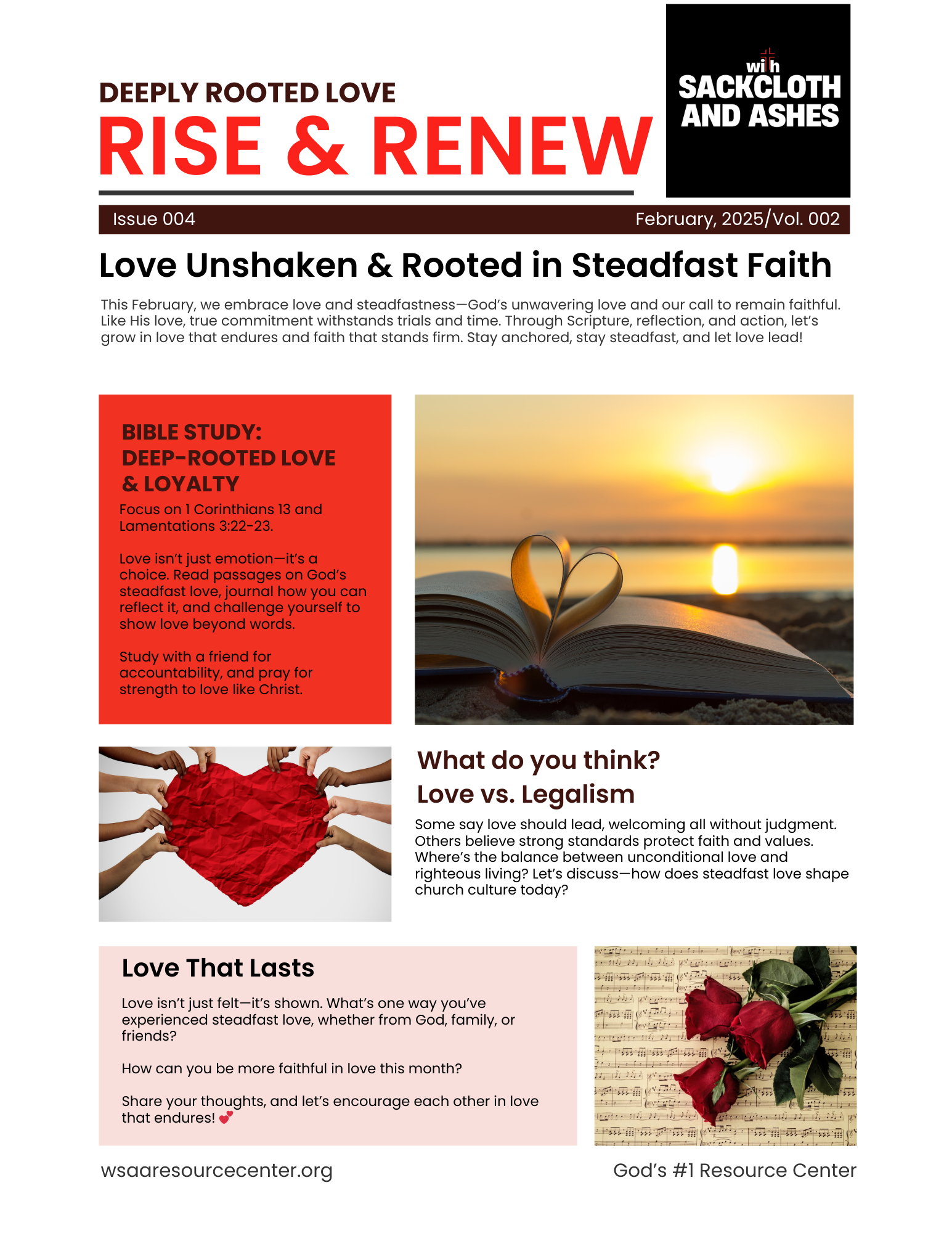 February 2025 church newsletter titled RISE & RENEW with a subtitle Love Unshaken & Rooted in Steadfast Faith. Features articles on love and loyalty, a sunset with an open Bible, a crumpled paper heart held by multiple hands, and a single red rose on sheet music.