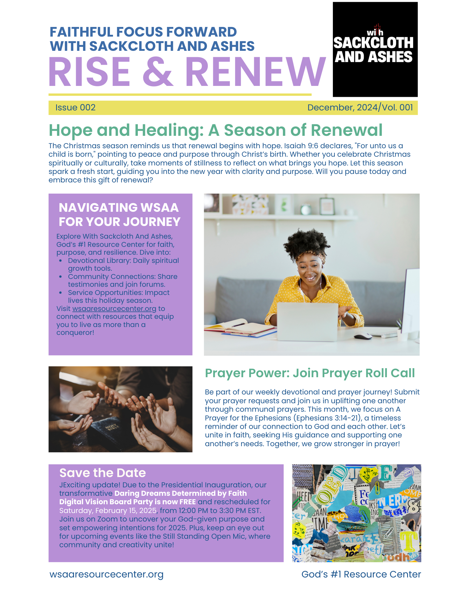 Newsletter titled 'RISE & RENEW' with articles on hope and healing, navigating WSAA, prayer power, and a save the date announcement for a digital vision board party. Features images of a woman smiling at her laptop, hands in prayer, and a collage of colorful items.