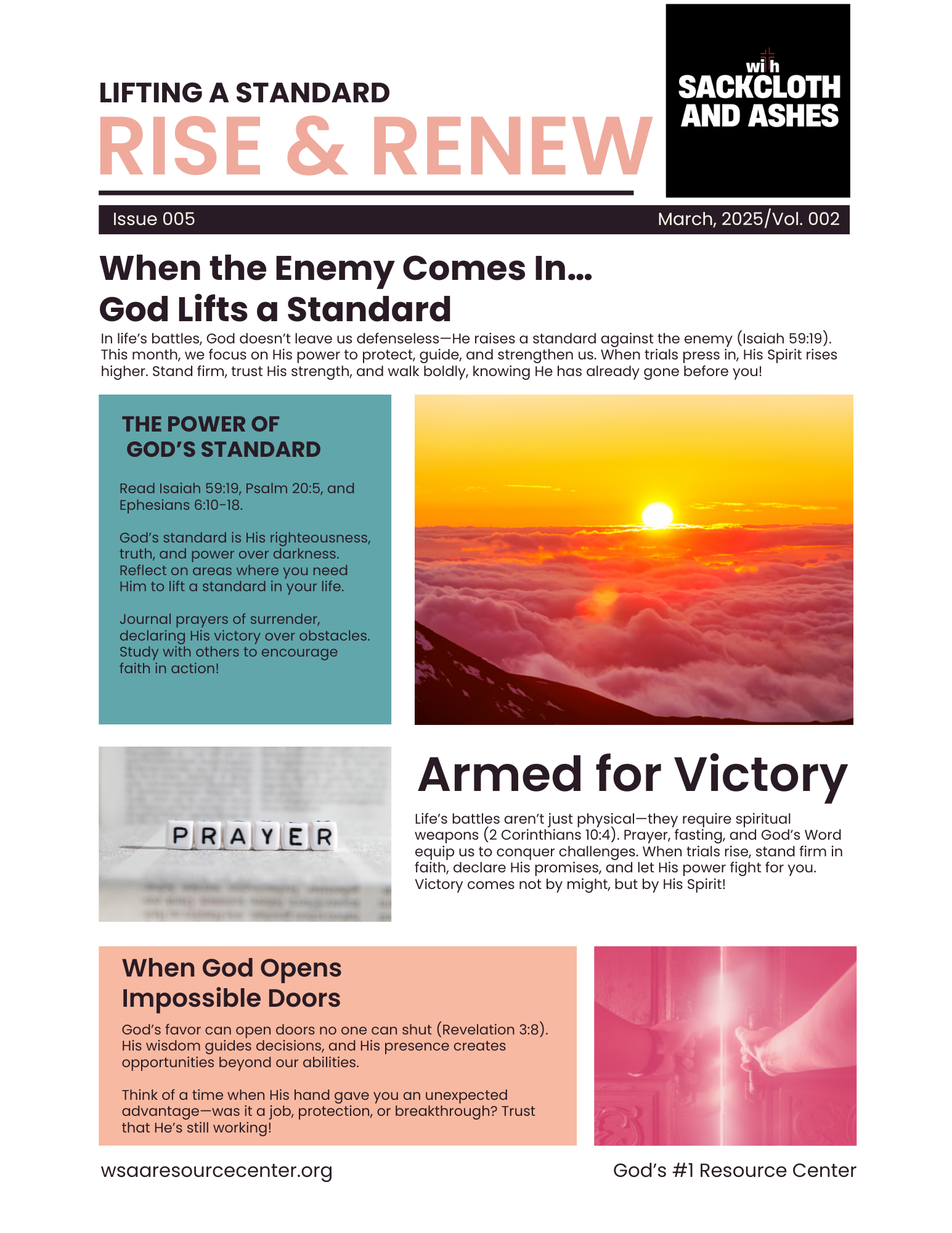 A religious newsletter titled "Lifting a Standard Rise & Renew" with a sunset over clouds, a prayer image, and a hand opening a door emitting light.