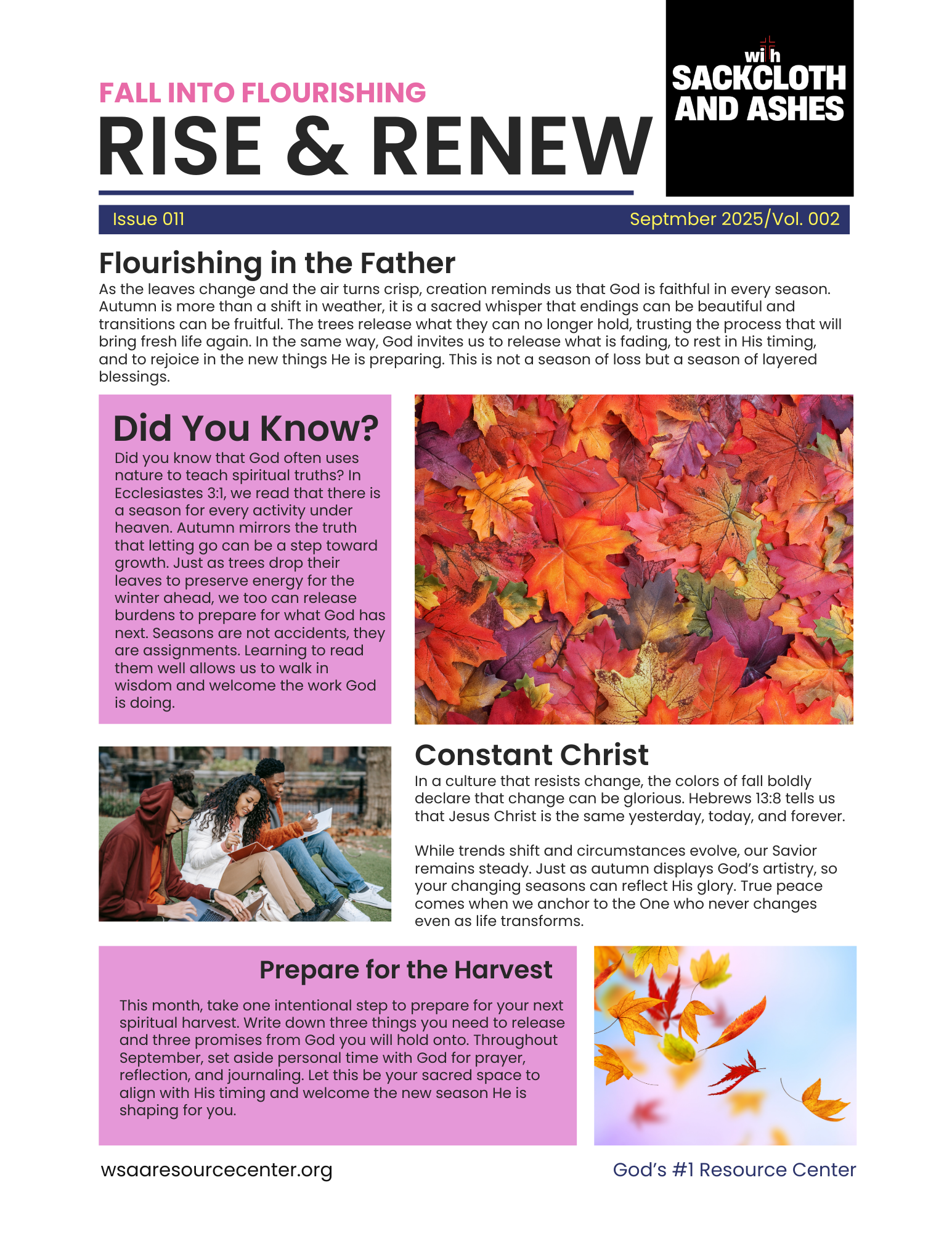 Newsletter page with the title 'Fall into Flourishing: Rise & Renew' featuring autumn leaves, a group of students sitting outdoors, and a colorful image of falling leaves.