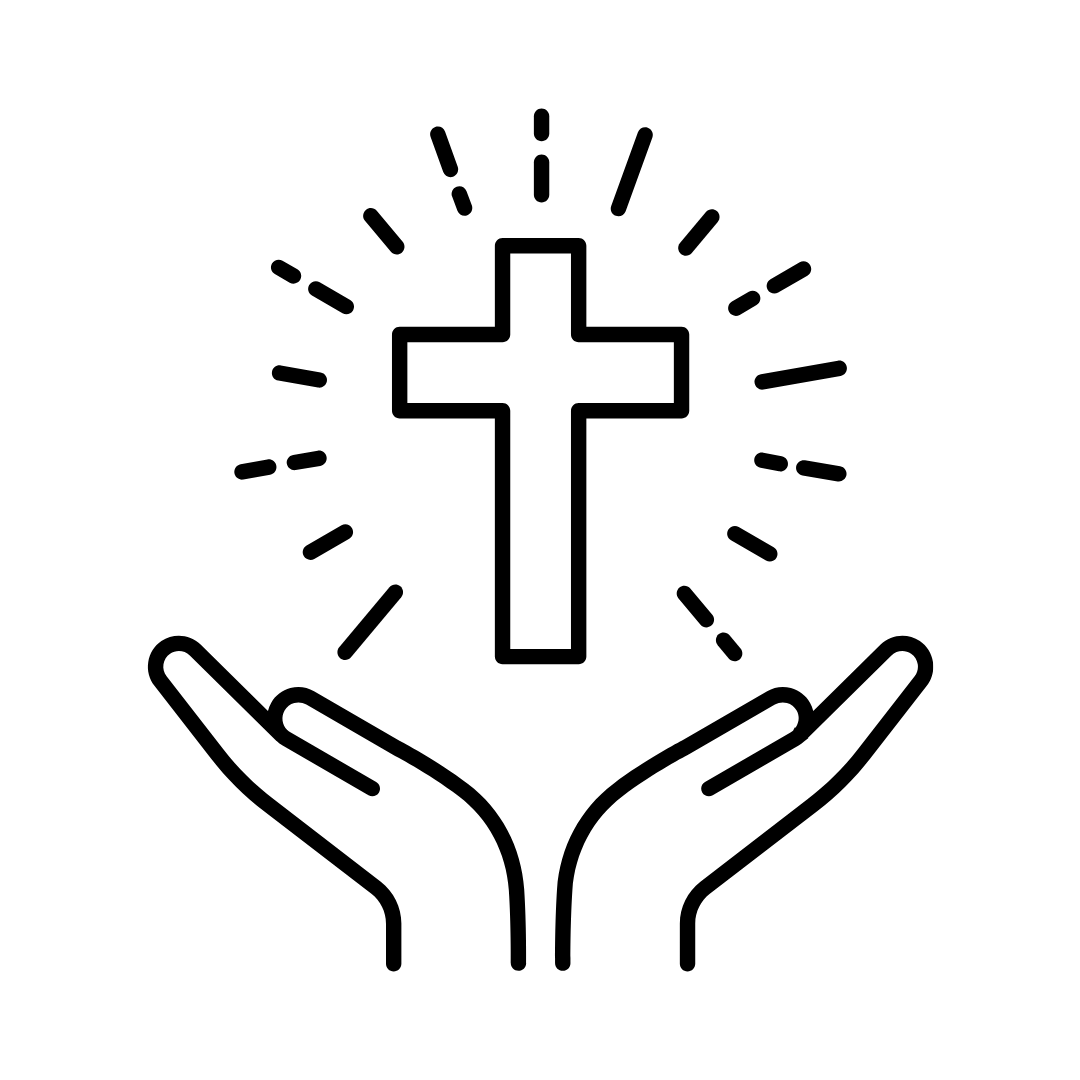 Outline of two hands holding a glowing cross with radiant lines.
