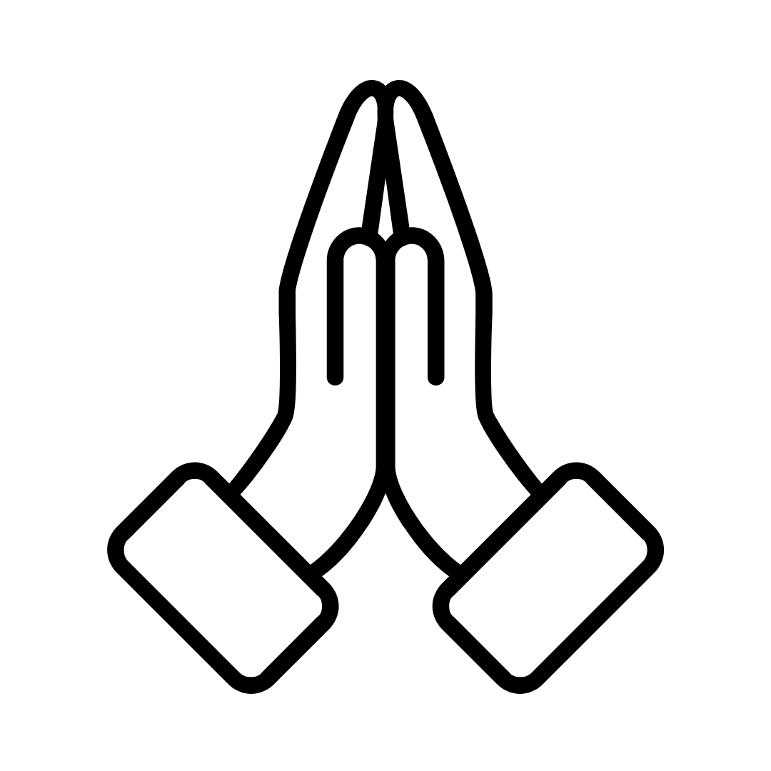 Line drawing of two hands pressed together in prayer or a respectful gesture.