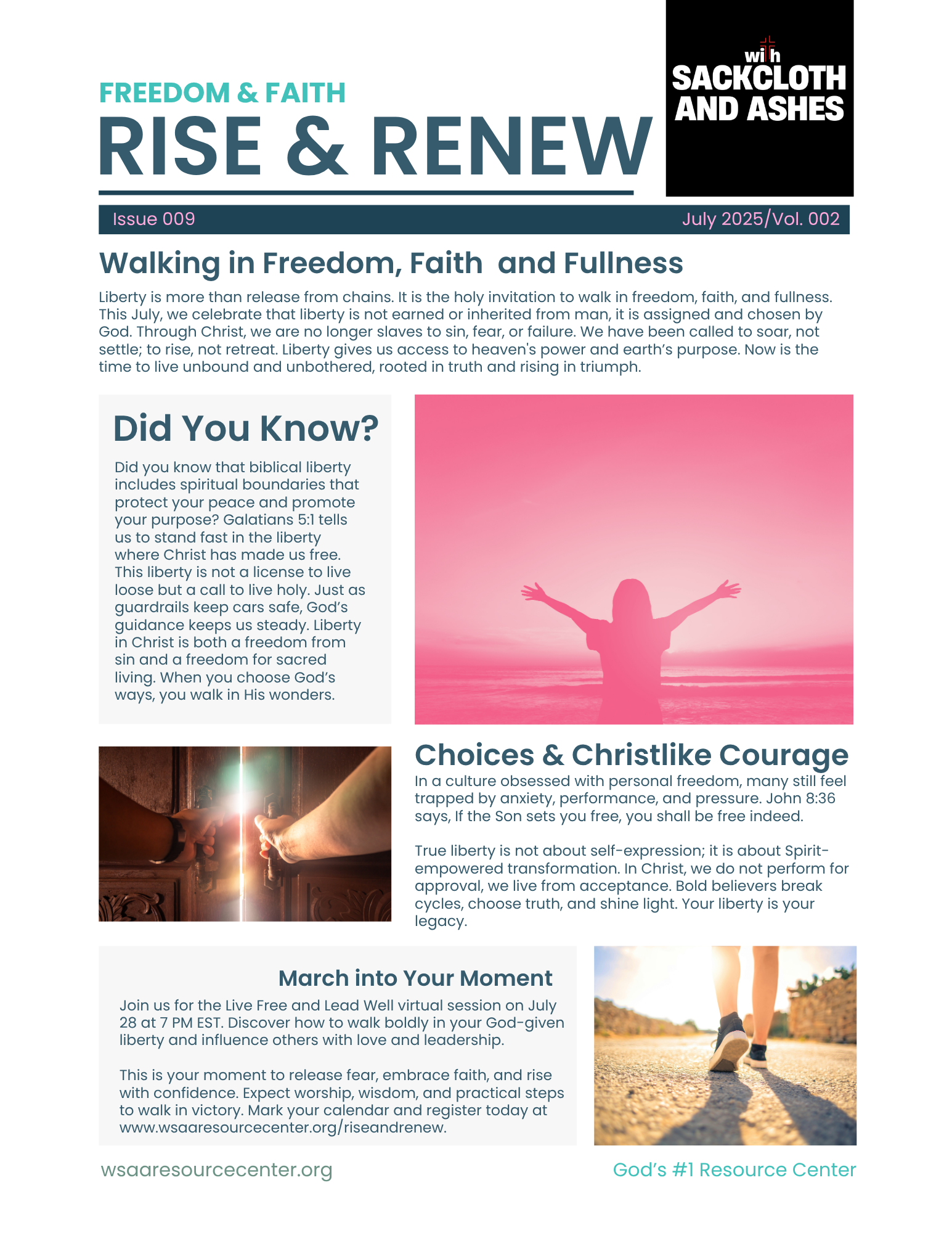 Newsletter titled 'Rise & Renew' with a black logo reading 'with Sackcloth and Ashes,' pink silhouette of a woman with outstretched arms on the background, and smaller images of a person with outstretched arms at sunrise and someone walking on a path.