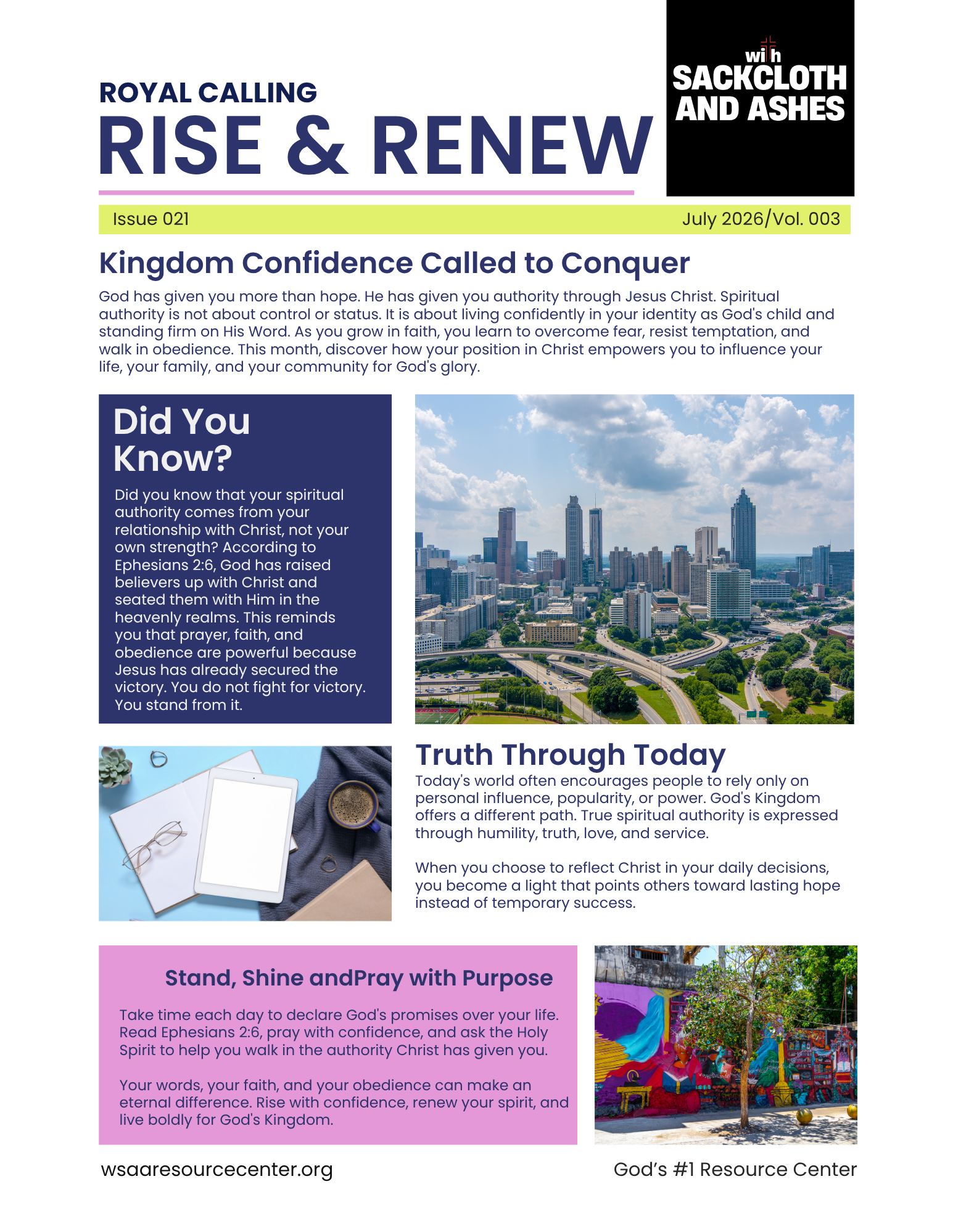 Page from a religious newsletter titled 'RISE & RENEW' with a city skyline photograph, a workspace with notebooks and glasses, and a colorful mural in the background. The page contains sections about Christian faith, spiritual authority, and encouragement to pray and trust in Christ.