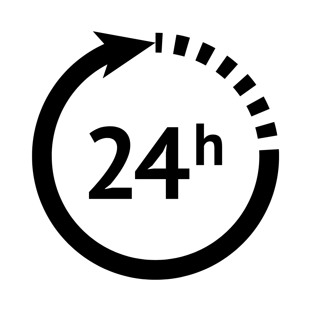 24-hour service clock icon with an arrow circling clockwise.