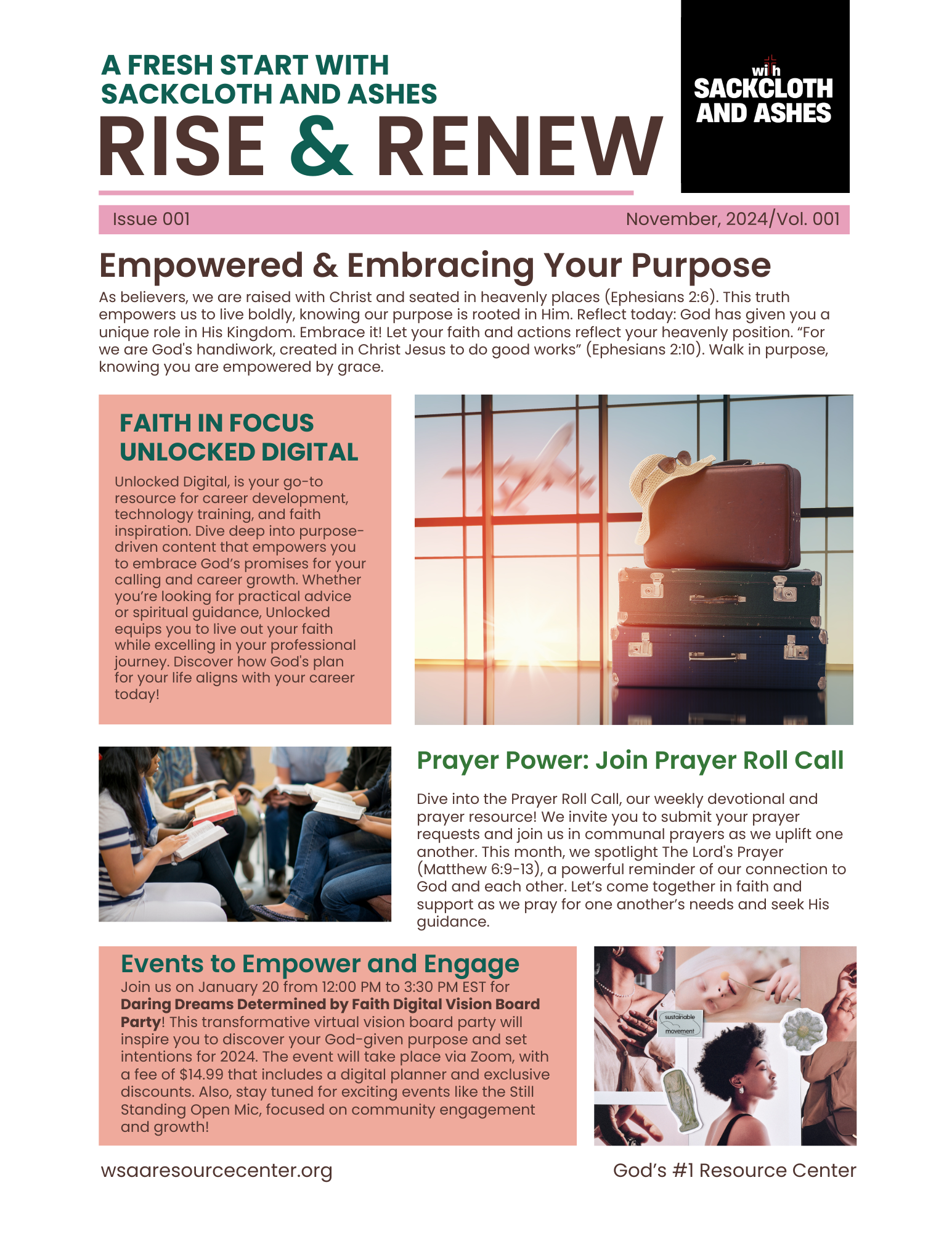 Newsletter titled 'Rise & Renew' with a Christian faith theme, including images of luggage and a prayer group, discussing faith, prayer, and community events.