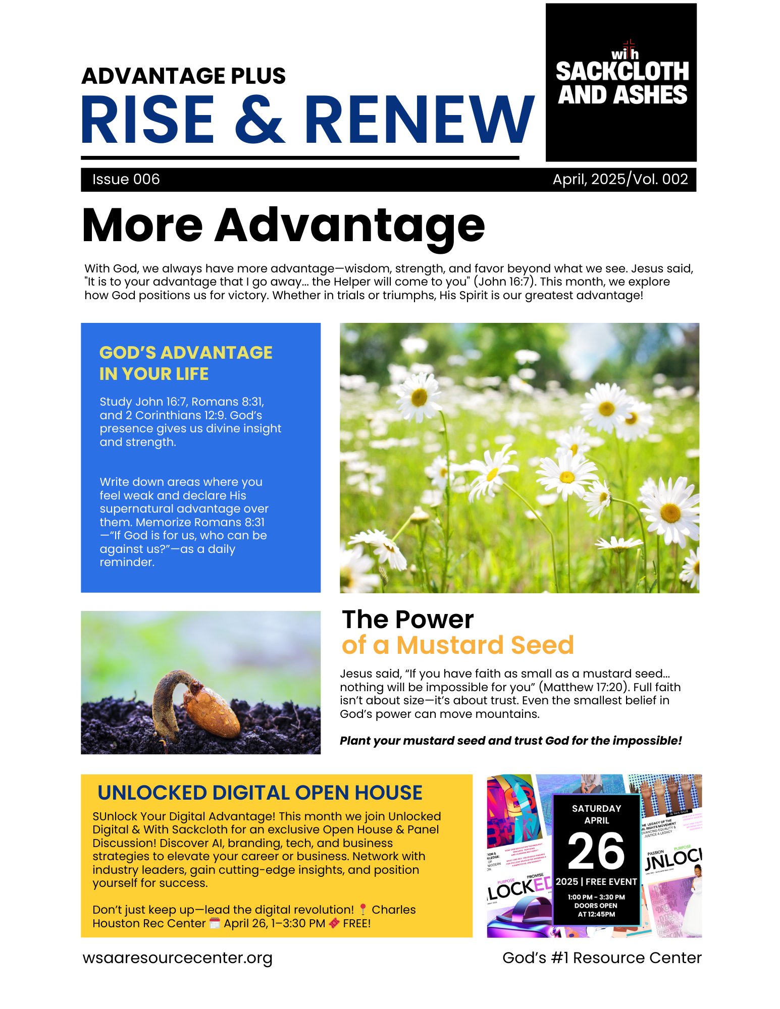 A newsletter page titled 'More Advantage' with sections about God's advantage in life, the power of a mustard seed, and an open house event, featuring images of daisies, a sprouting seed, and event flyers.