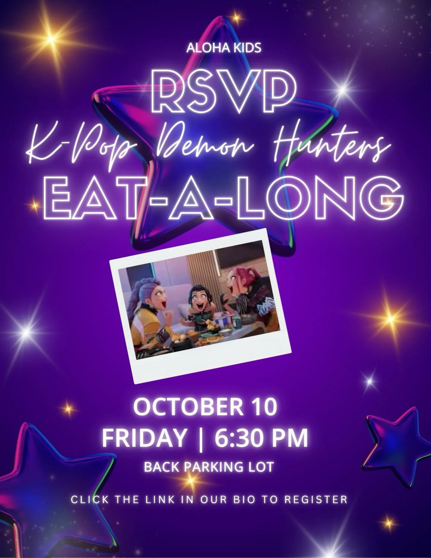 🔥 K-Pop Demon Hunters Eat-A-Long is BACK at Aloha Kids! 🔥 Join us October 10 for a night of good eats &amp; great vibes &mdash; but you must RSVP through the link in bio!  #kpopdemonhunters #alohakidsla #goodeats #movienight #dinnerandamovie #losan