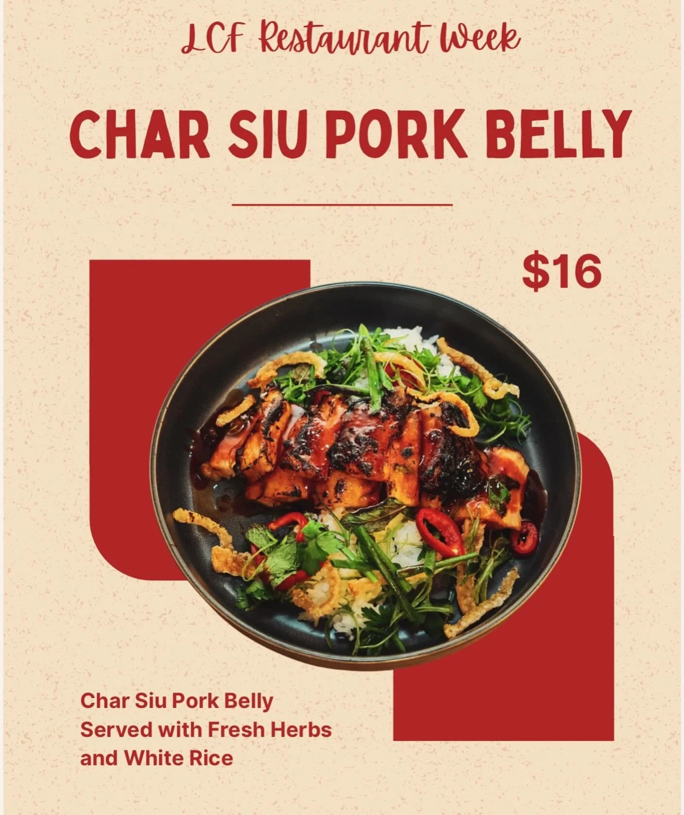 LCF Restaurant Week starts TODAY!
We will be serving our Char Siu Pork Belly - tender, juicy, and with just a little kick!

Special runs from Nov 7-Nov 16, lunch &amp; dinner!

Check out discoverlcf.com to enter into the Gift Card Giveaway. #dineloca