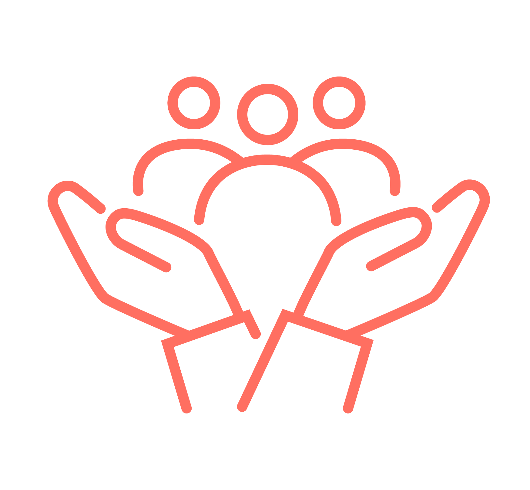 Icon of two hands holding three abstract people figures, symbolizing community support.