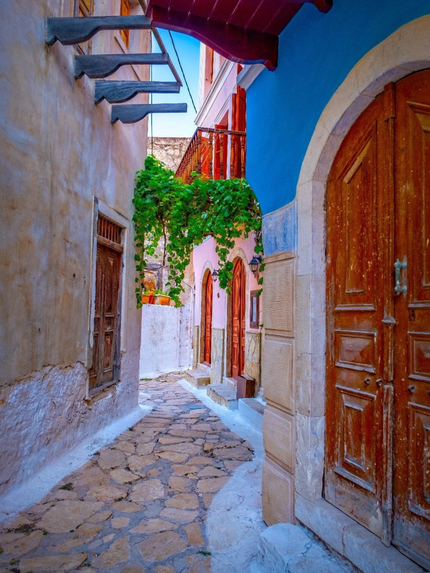 Narrow cobblestone alley with colorful buildings, wooden doors, a small potted plant, and green ivy, under a clear blue sky in a Mediterranean village.