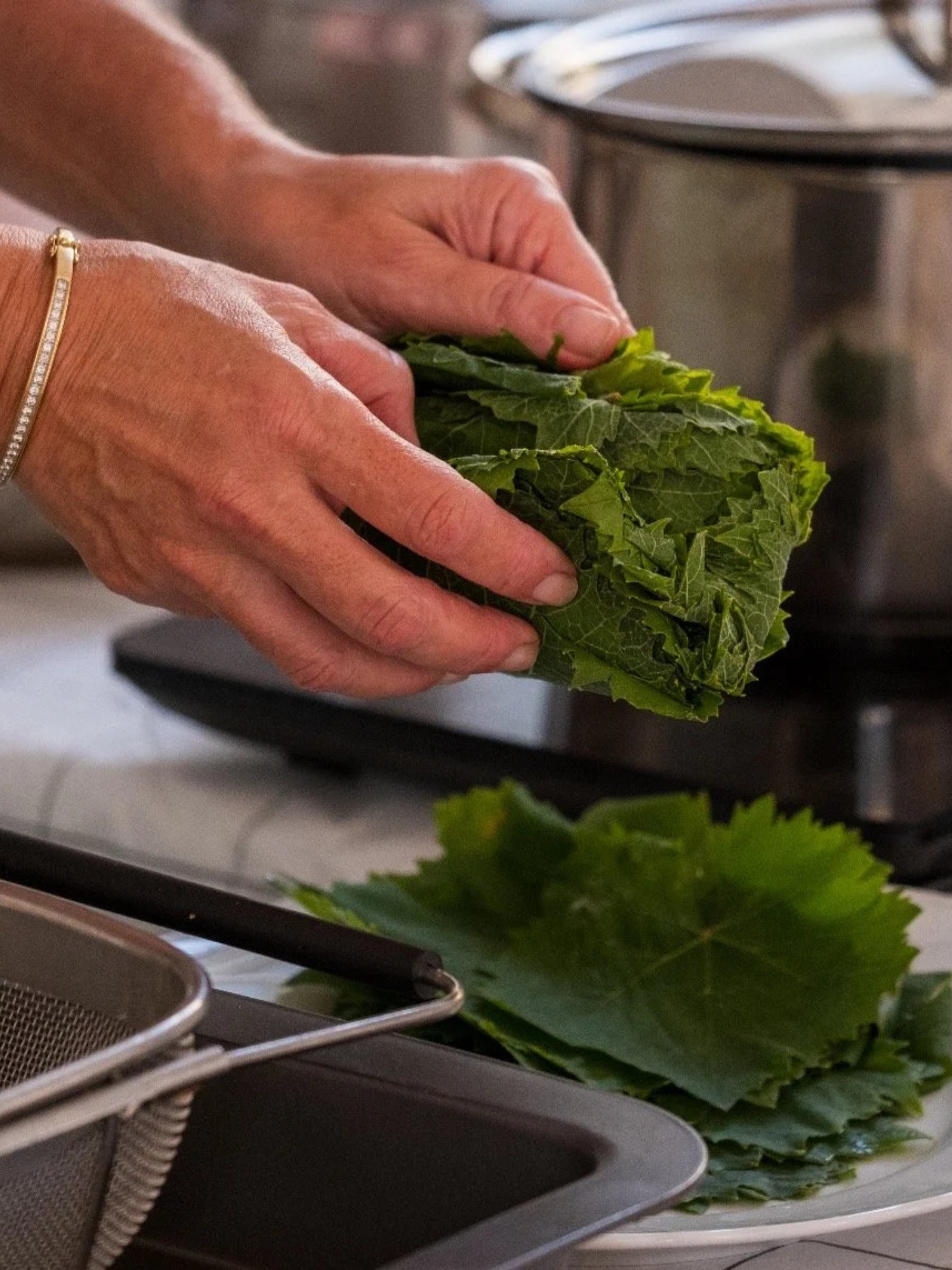 Hands holding a bunch of leafy greens over a kitchen counter with more greens and kitchen tools in the background.