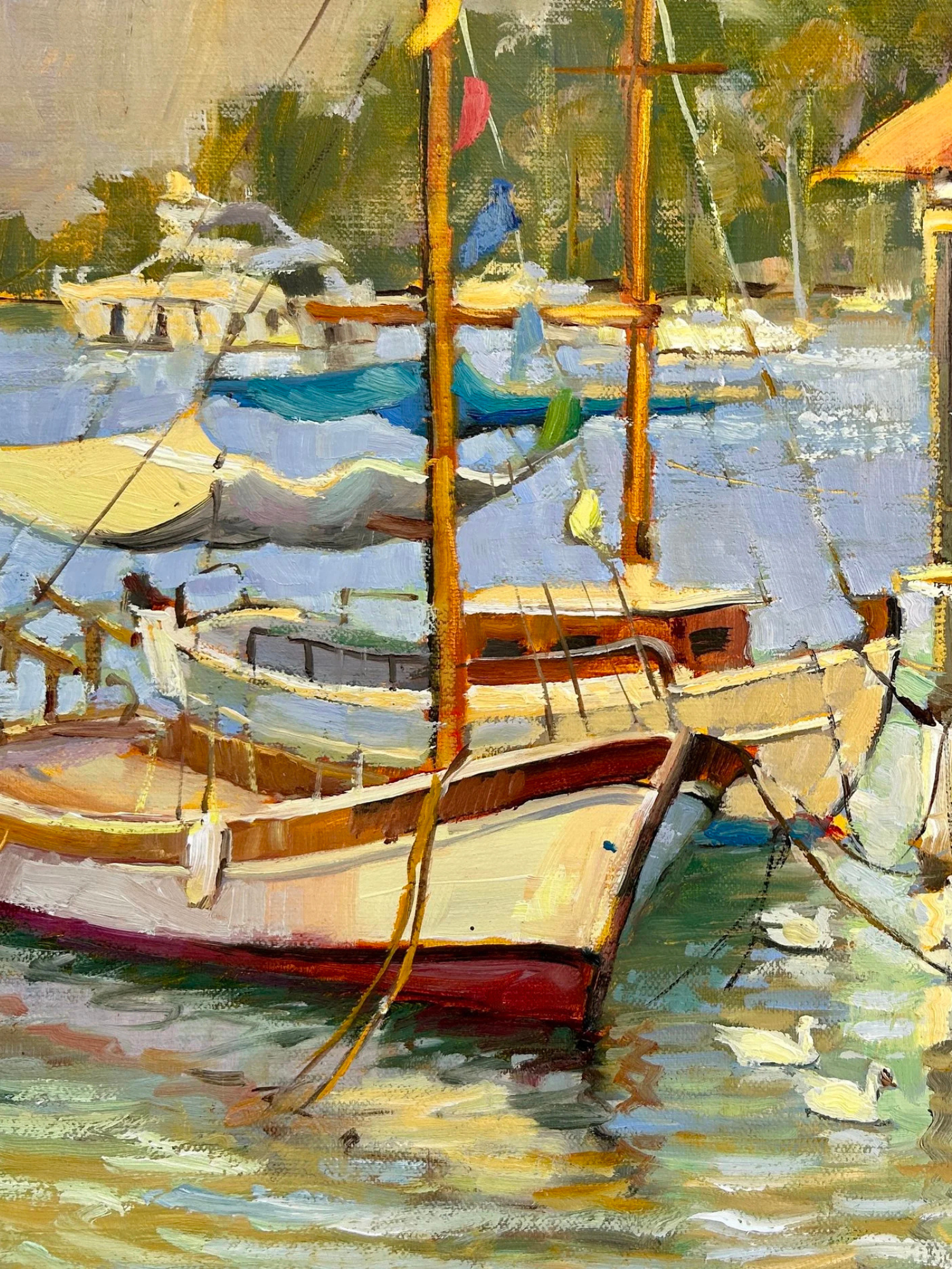 Oil painting of boats docked at a marina with colorful reflections in the water.