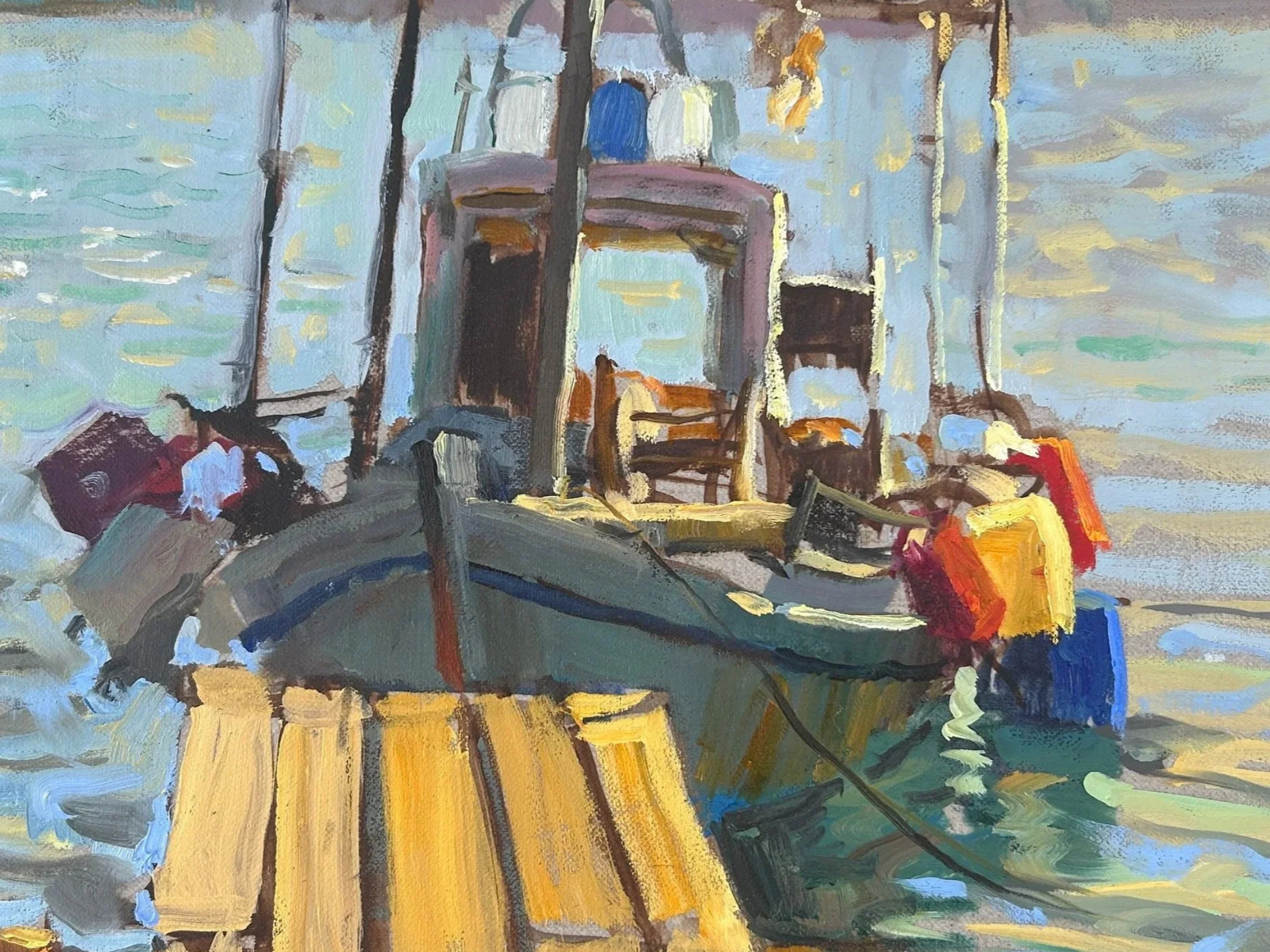 A painted depiction of a small boat docked at a wooden pier with water in the background. The boat has a cabin structure with various colorful items on deck and a rope hanging over the side.