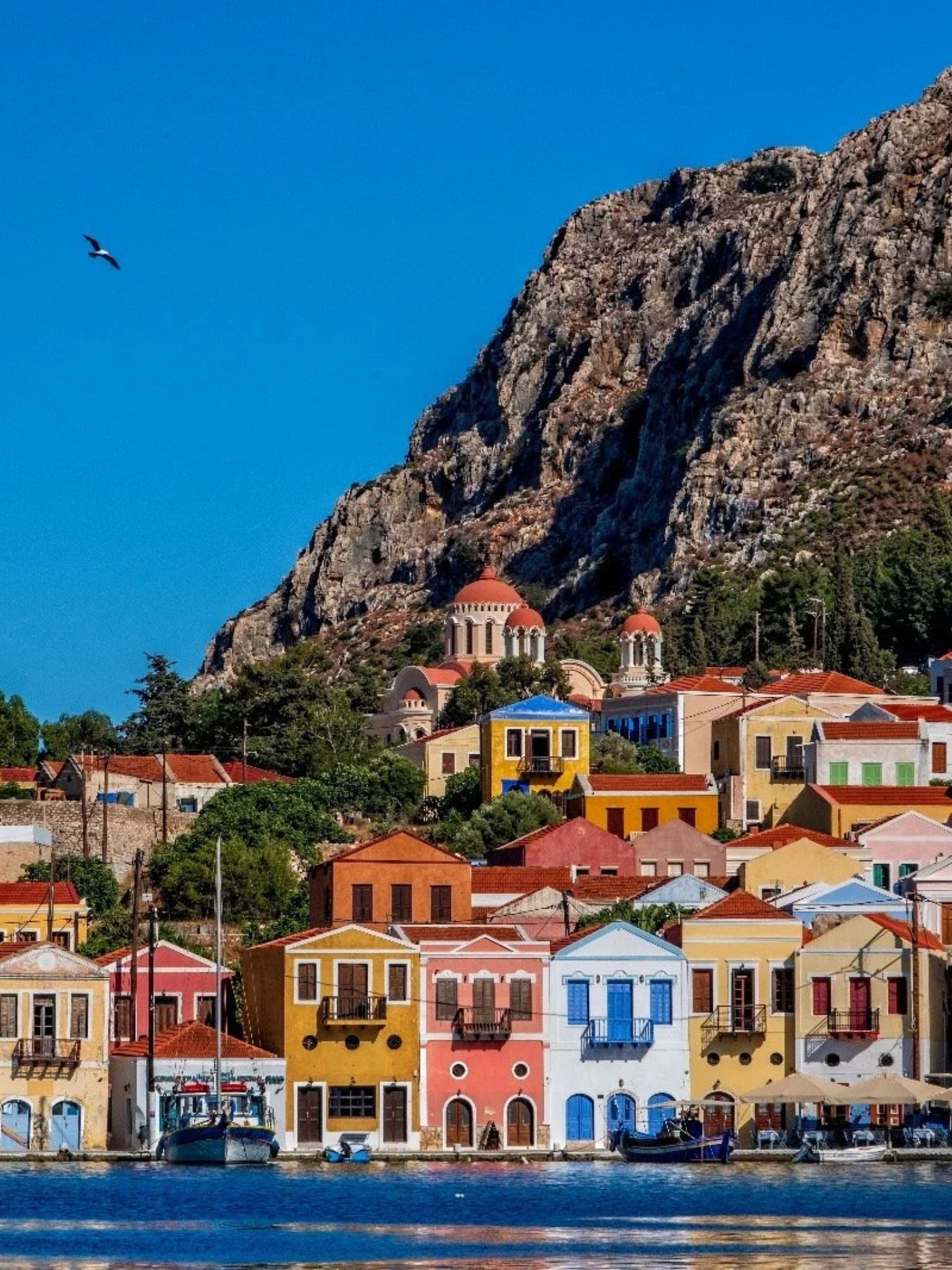 Colorful buildings along a waterfront with boats, a hillside with trees, and rocky mountains in the background under a blue sky with a flying bird.