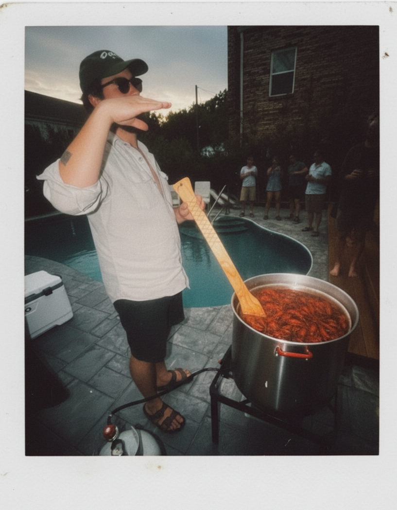A man wearing sunglasses, a cap, and sandals preparing food next to a swimming pool in a backyard at dusk, with a large pot of boiling food and a group of people standing by.