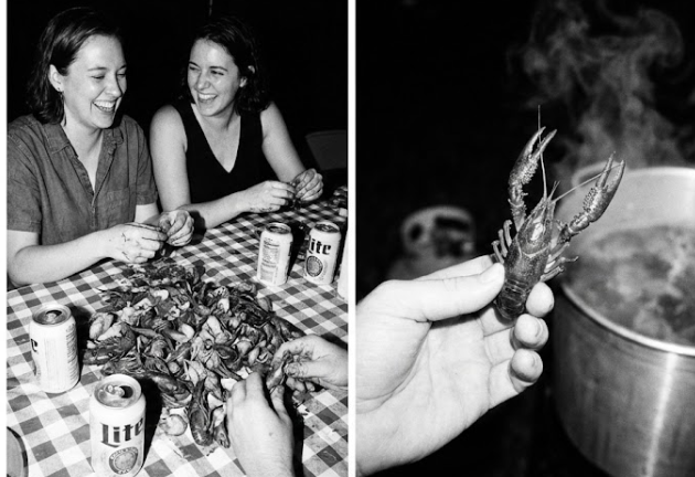 two women enjoying cold beer and crawfish at a table