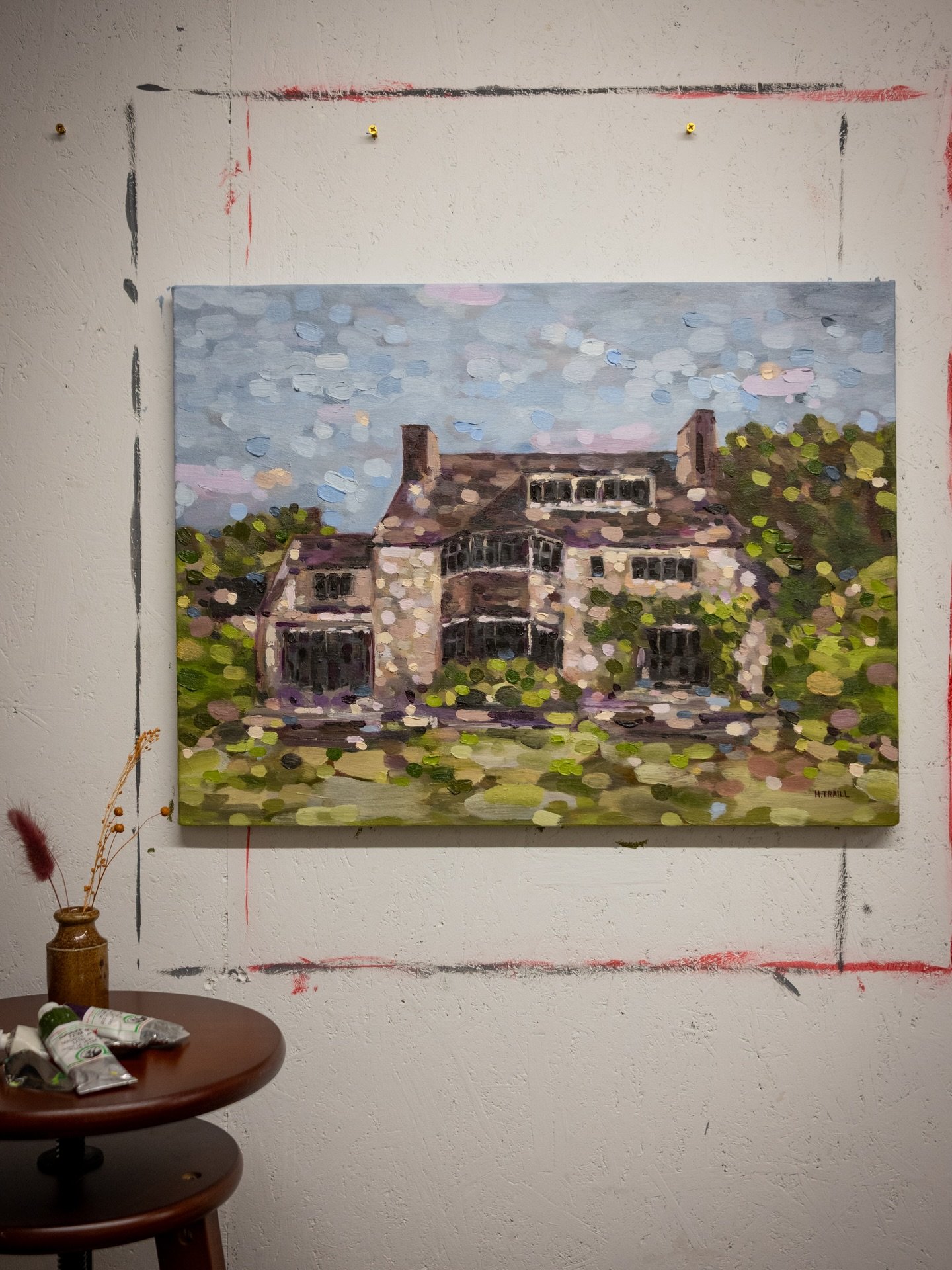 The commission which ends 2025, completed in the studio after sketching in location. This work strongly embodies Helena&rsquo;s ability to use colour and captures the client&rsquo;s beloved family home in vibrant emotions.

18 x 24 inches 
Oil on a c