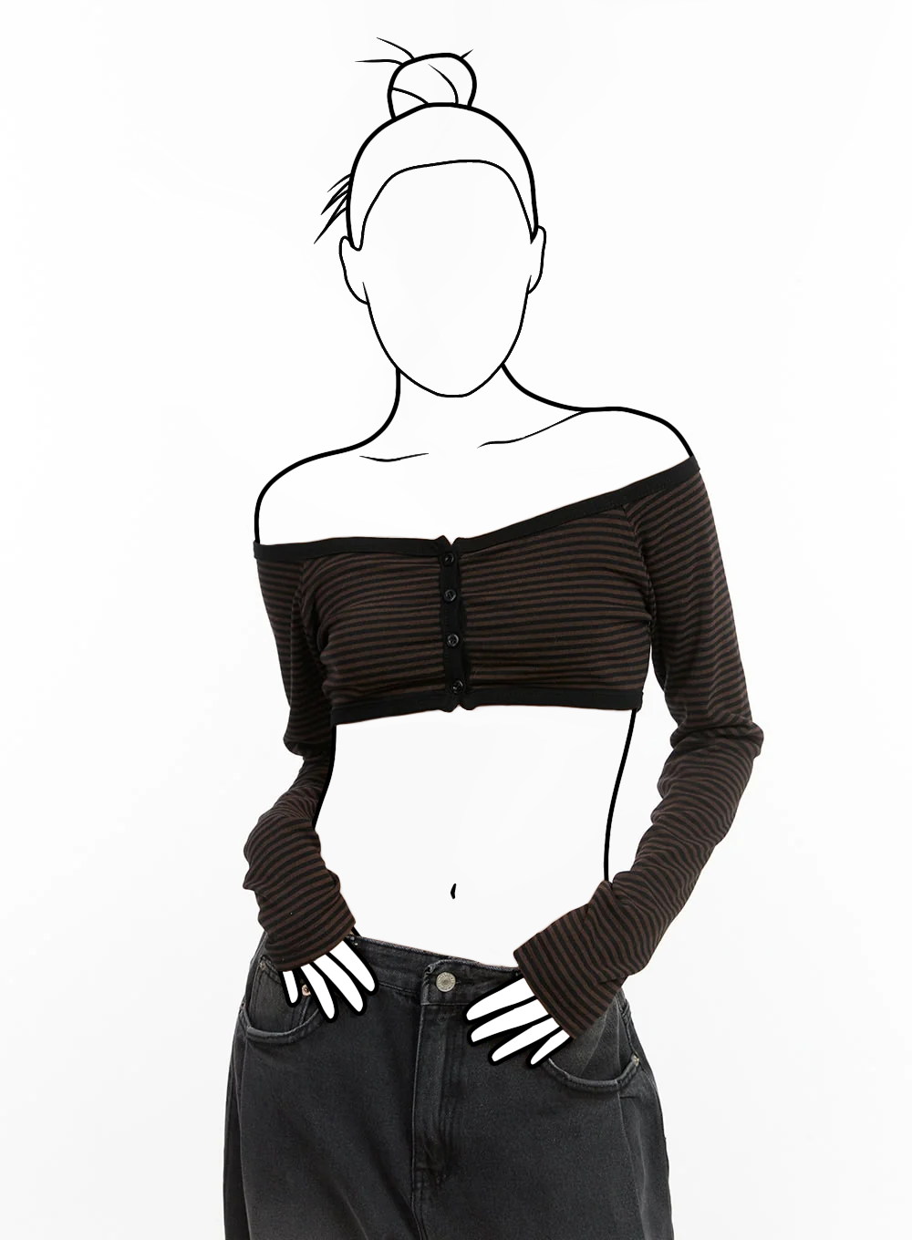 Pruhovaný crop top s odhalenými ramenami a gombíkmi