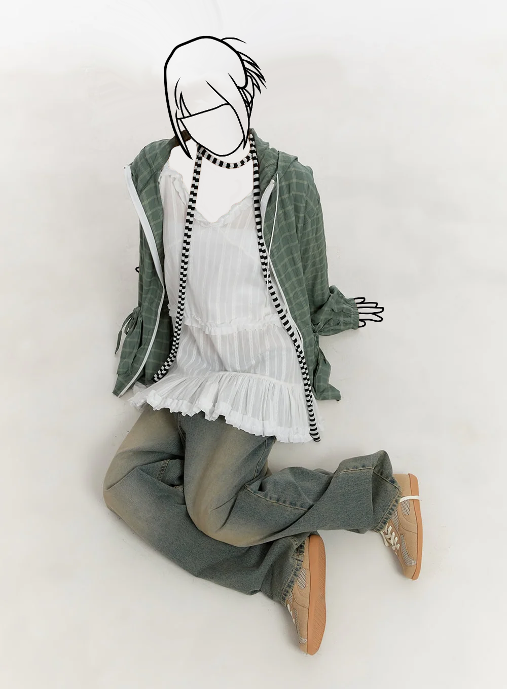 Károvaná bunda s kapucňou, mašľou a vreckami