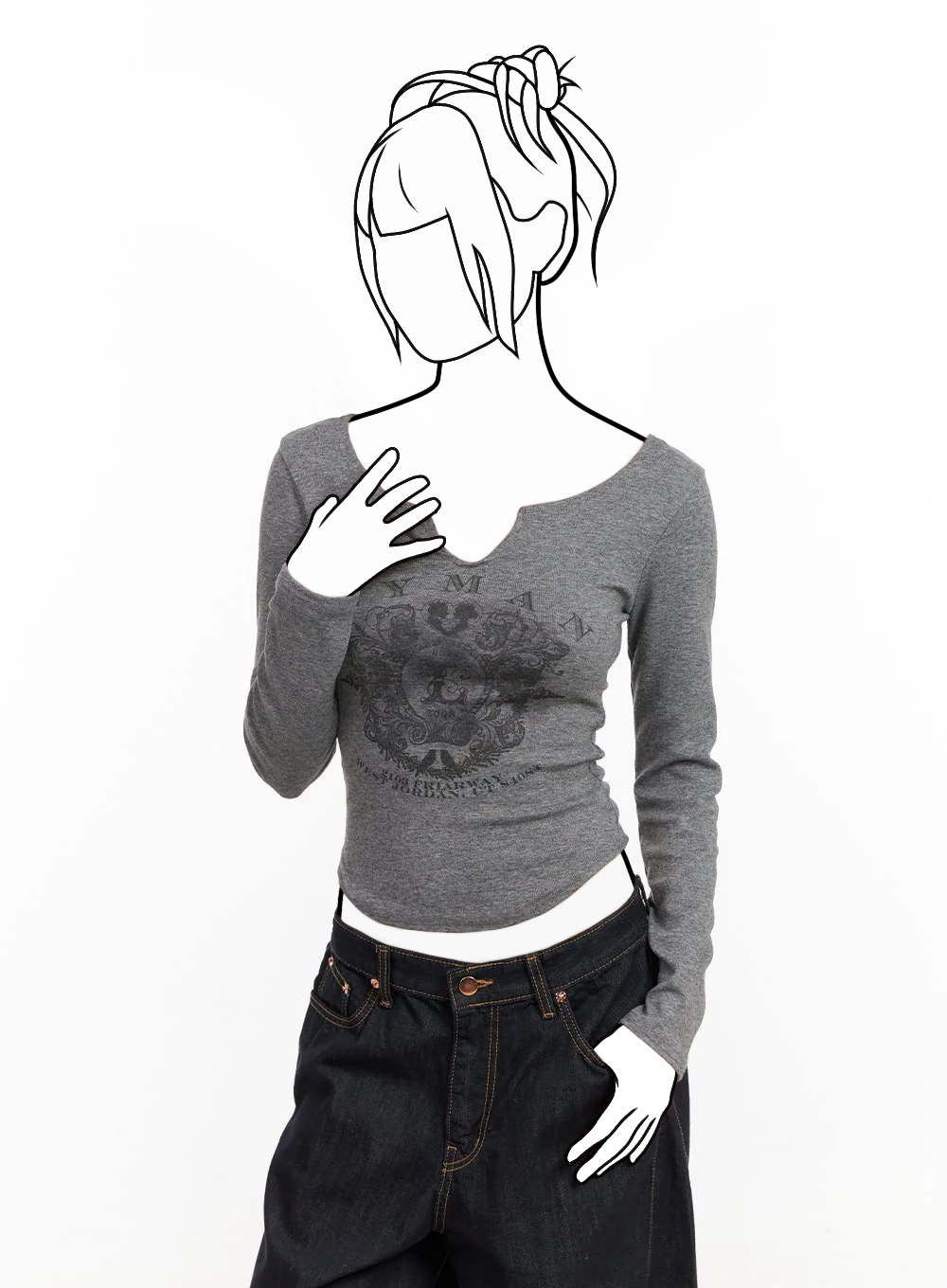 Slim fit crop top s grafikou a dlhým rukávom