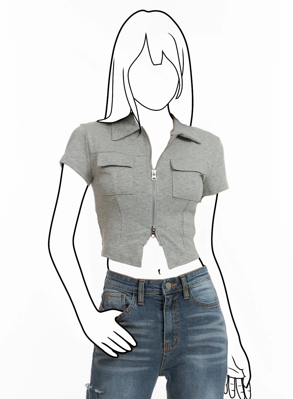 Cropped košeľa s golierom a dvojitým zipsom