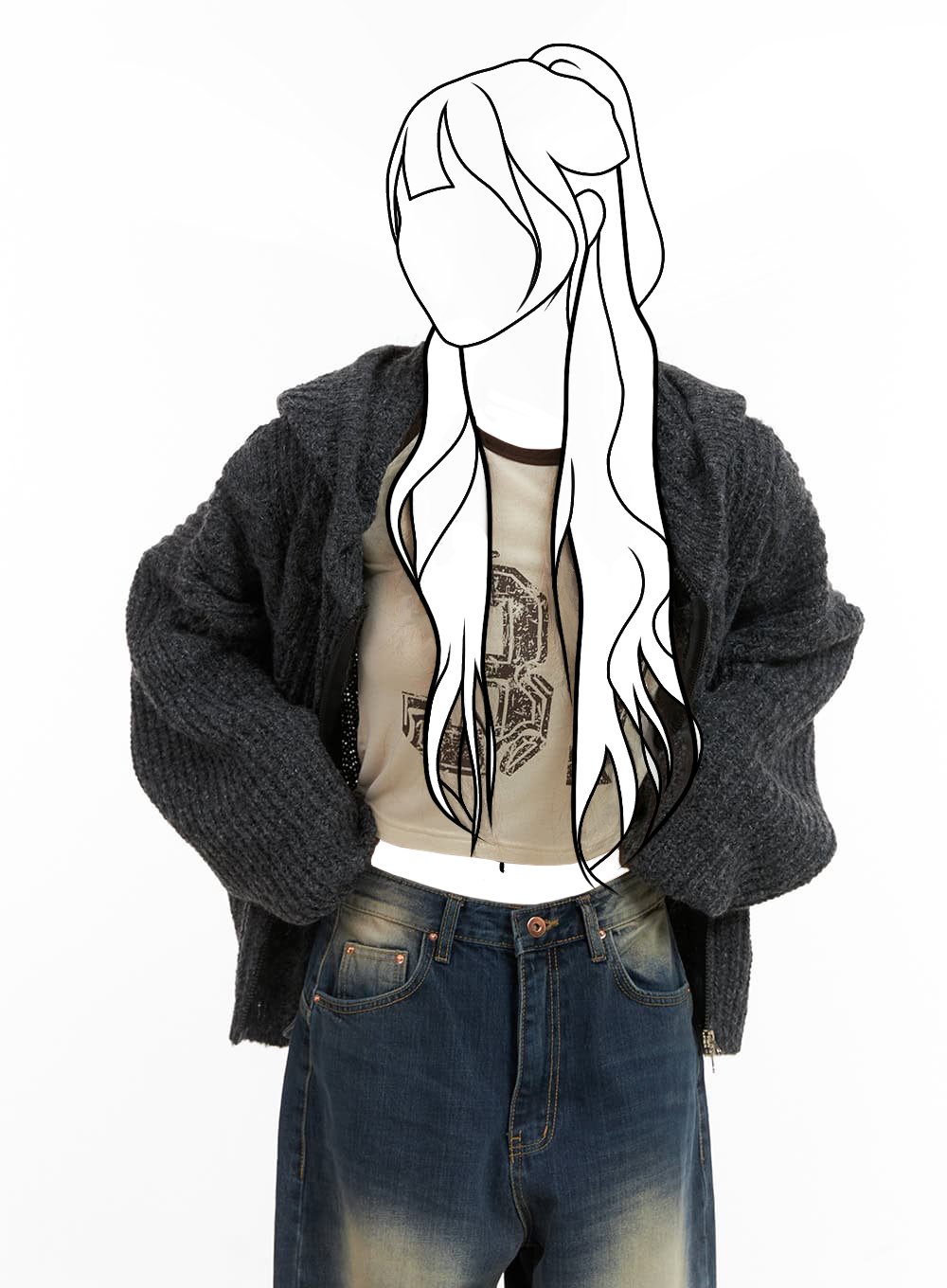 Oversize káblový pletený sveter na zips s kapucňou