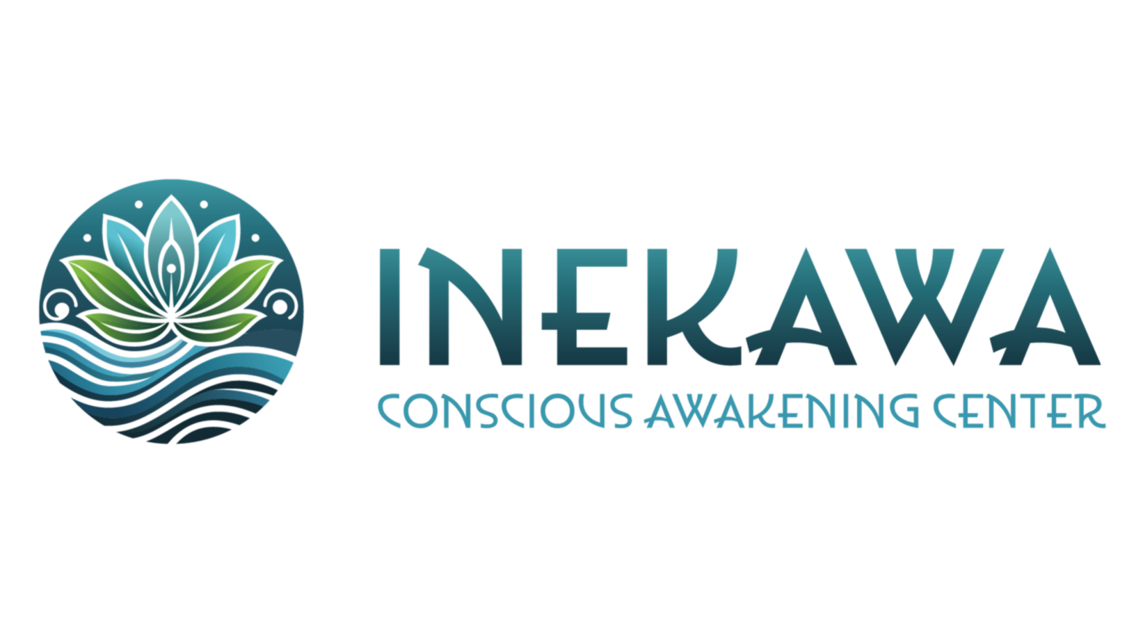 Logo of Inekawa Conscious Awakening Center with a stylized lotus flower, water waves, and the center's name in modern font.