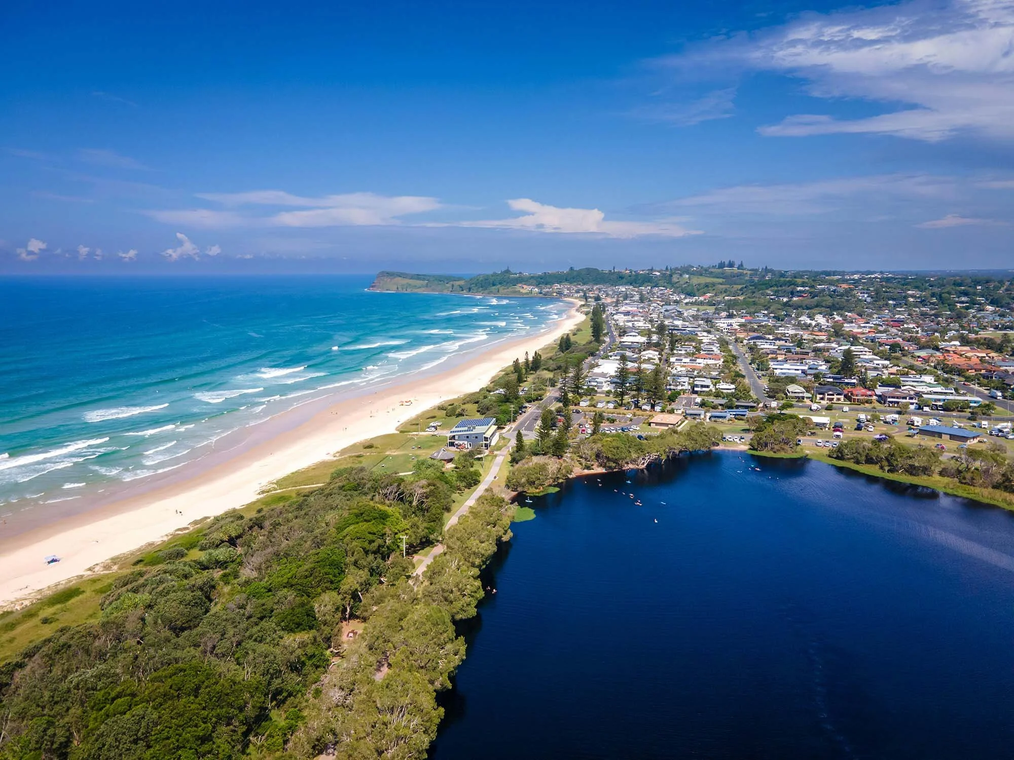 Aerial Shot of lake ainsworth and lennox head looking towards ballina, nsw