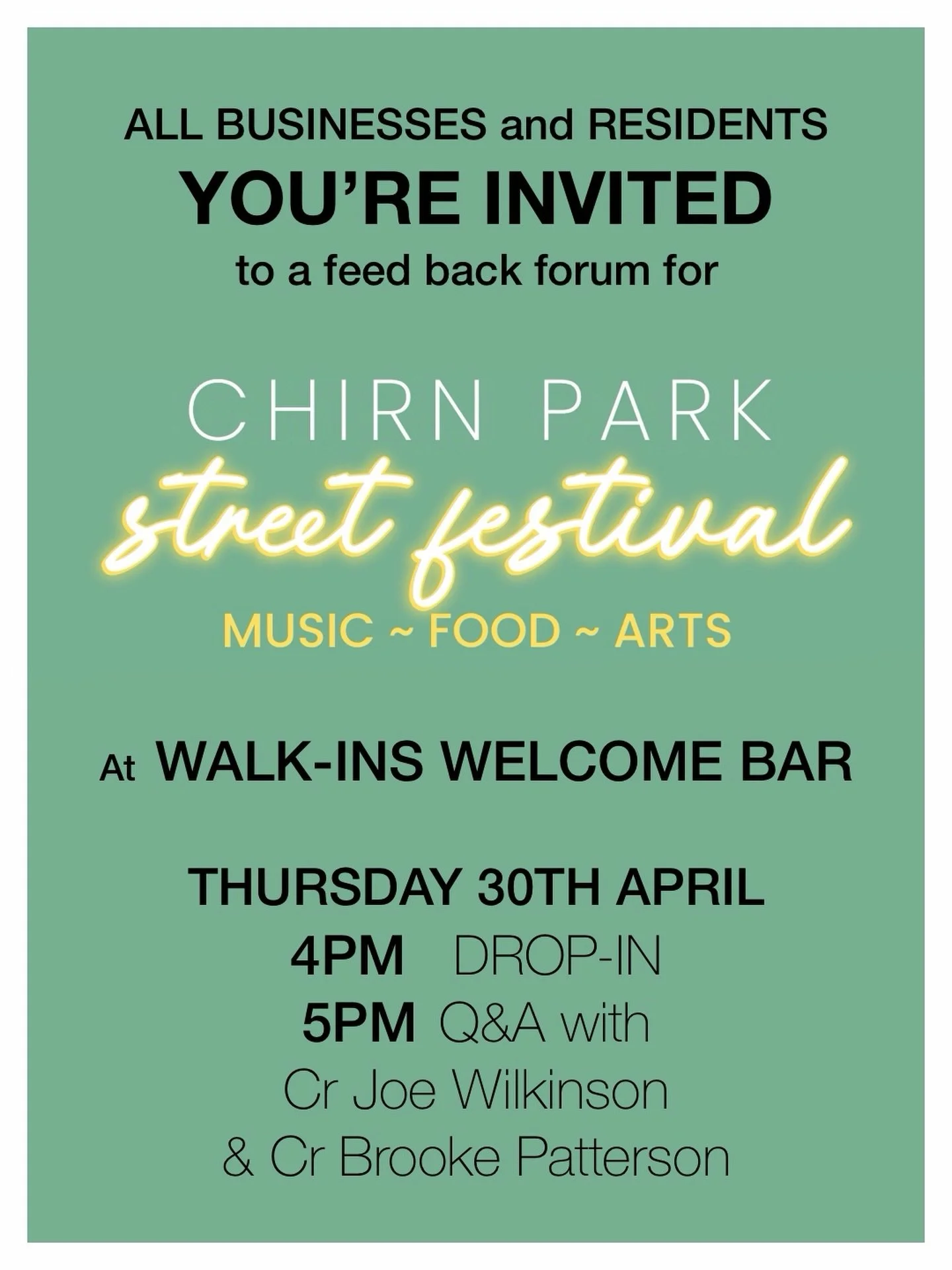 Come down and have your say. This feedback forum is your opportunity to speak with the council about our annual Chirn Park Street Festival. Drop in from 4pm and then we will kick off a Q&amp;A session with @crjoewilkinson and @crbrookepatterson