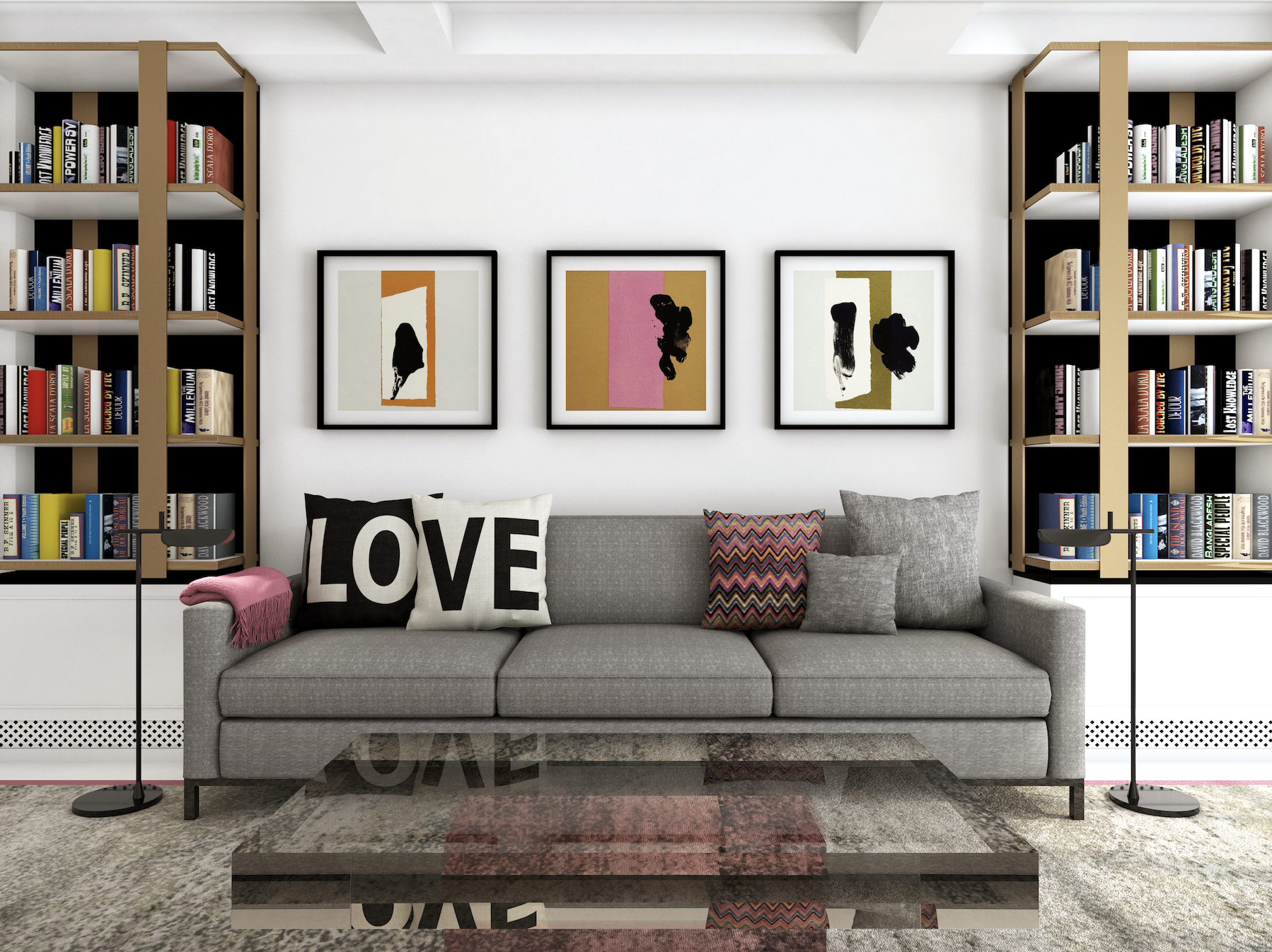 Contemporary London townhouse living room with bespoke brass bookcases, modern art and relaxed comfortable seating by Stef Albert.