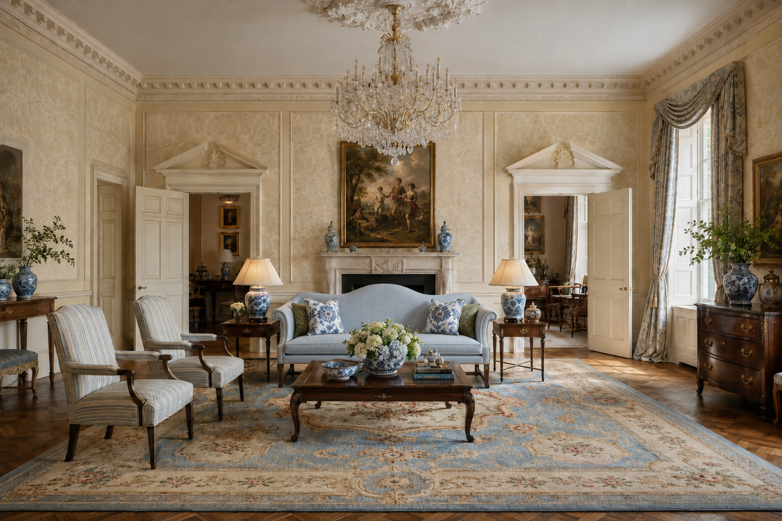 Restored Georgian manor drawing room meticulously restored by Stef Albert, with classical furnishings, soft blue upholstery, antique paintings, blue-and-white porcelain and refined Georgian architectural detailing. A masterfu classic English Interior