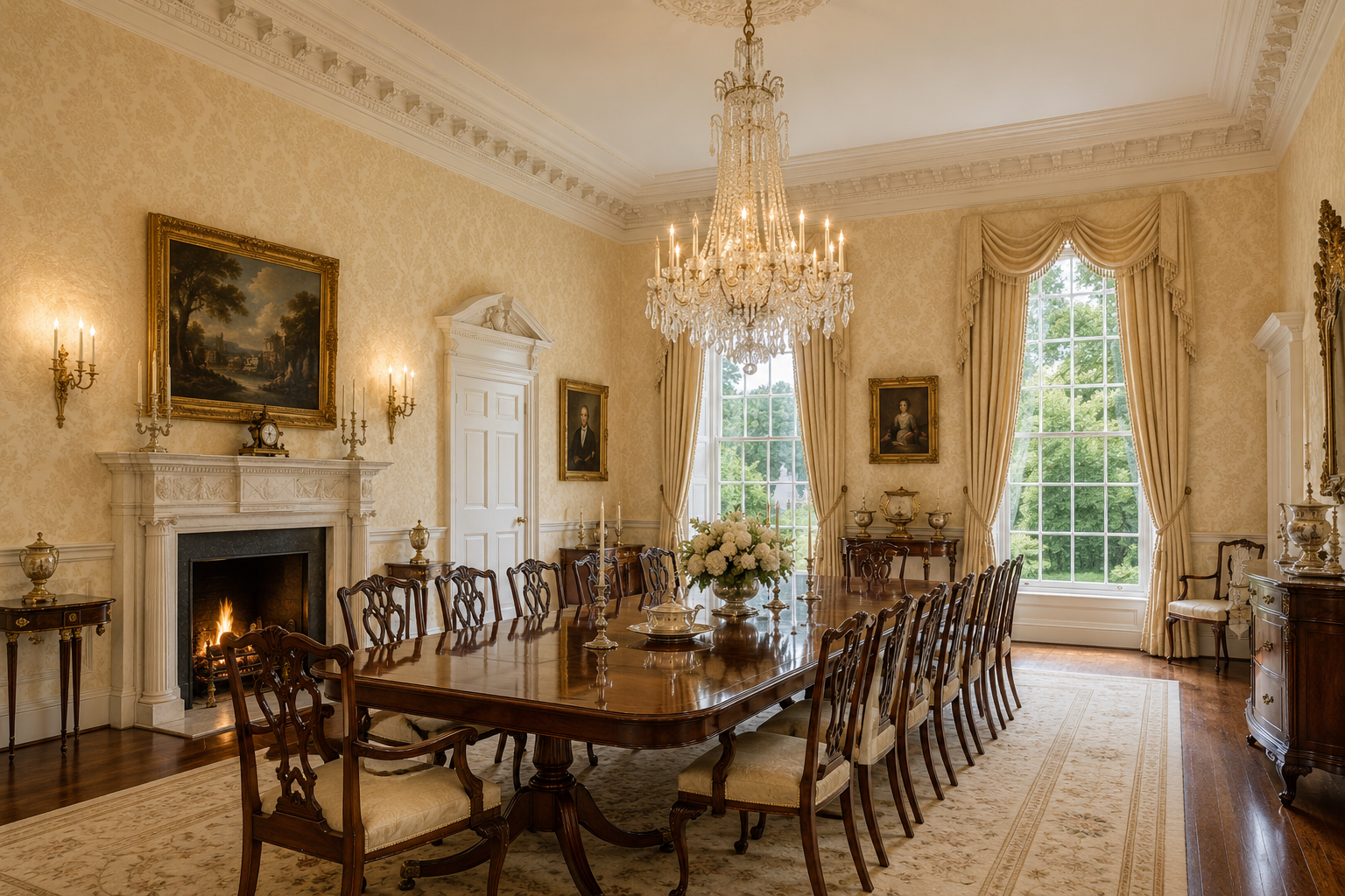 Restored Georgian manor dining room by Stef Albert, with classical furnishings, crystal chandelier, period fireplace, tall sash windows and layered traditional interiors.