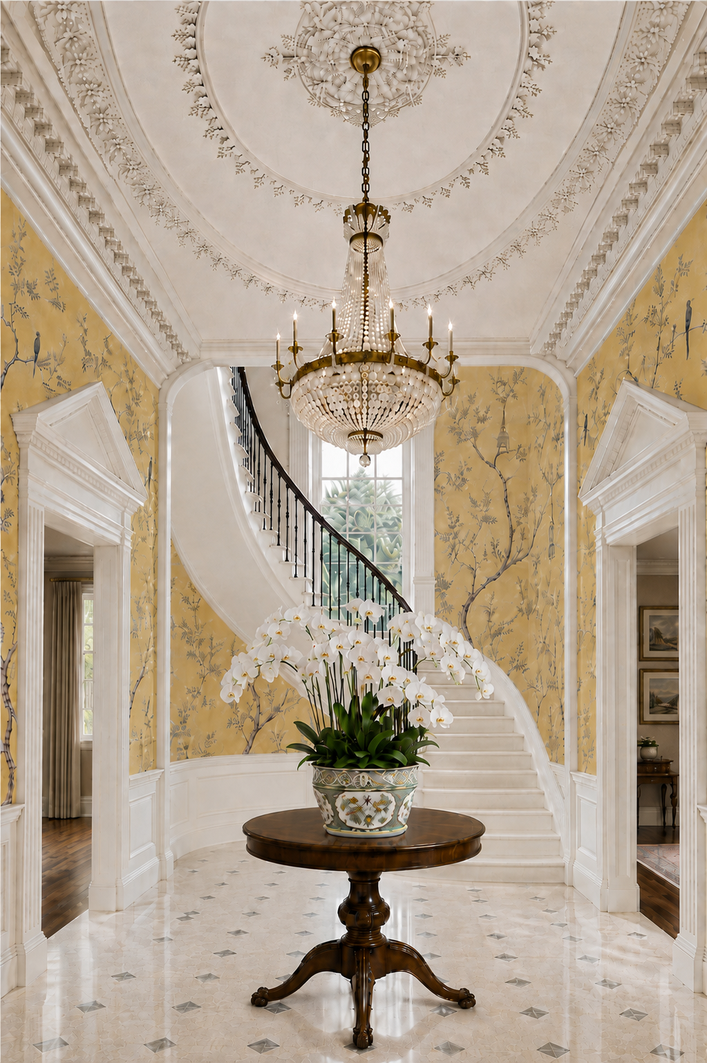 Restored Georgian manor entrance hall by Stef Albert, with sweeping staircase, chinoiserie wallcovering, crystal chandelier, classical furnishings and restored period detailing.