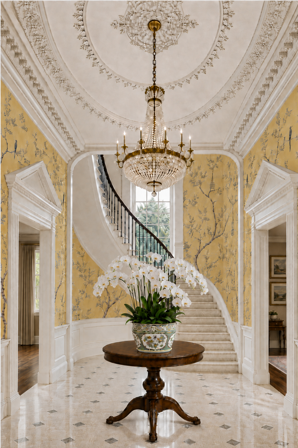 Georgian entrance hall with scenic chinoiserie wallcovering, classical furnishings and architectural detail distinctly Georgian and Classic. Well-proportioned classical interior with inlaid marble floor.