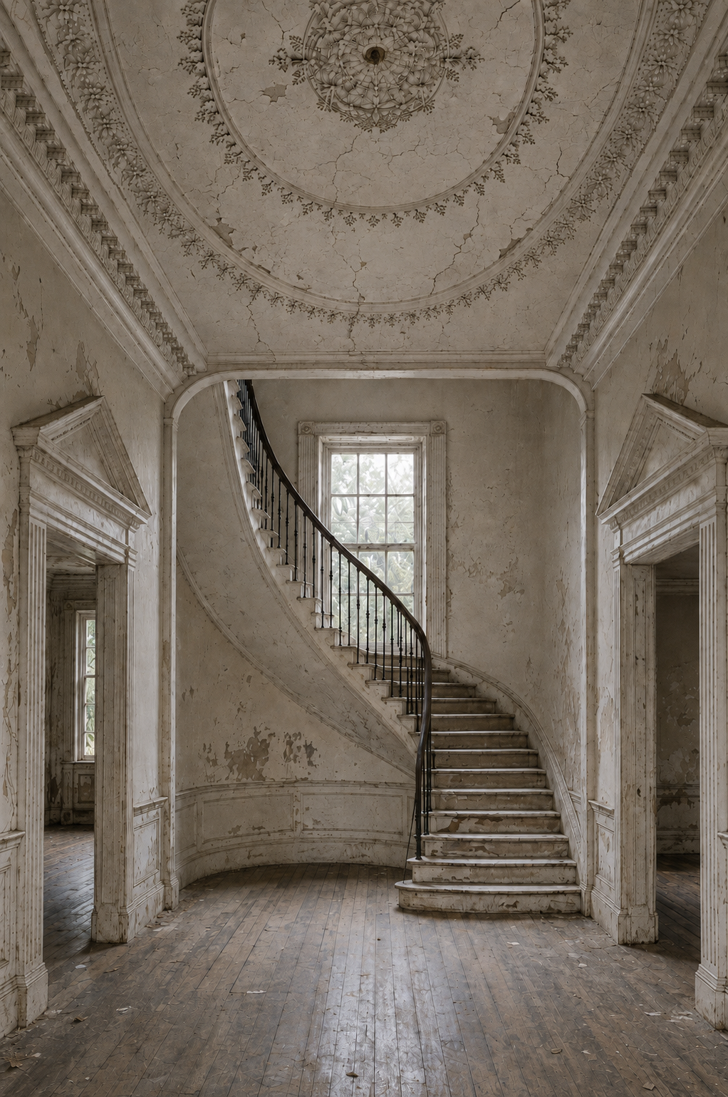 Historic Georgian manor entrance hall before restoration, showing the original sweeping staircase, ornate plaster ceiling, period door surrounds and worn timber flooring.