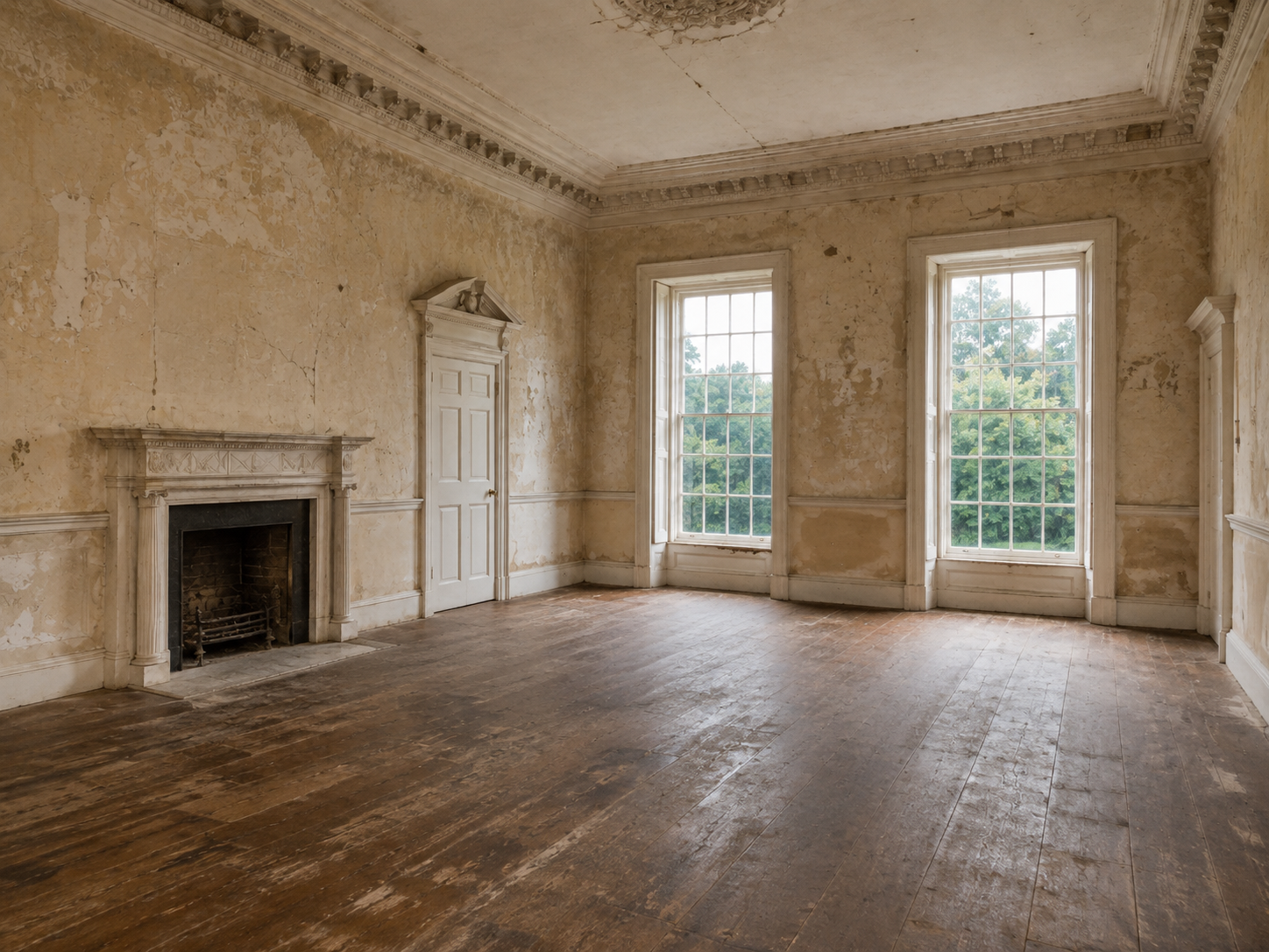 Historic Georgian manor dining room before restoration, showing original fireplace, tall sash windows and period architectural detailing.