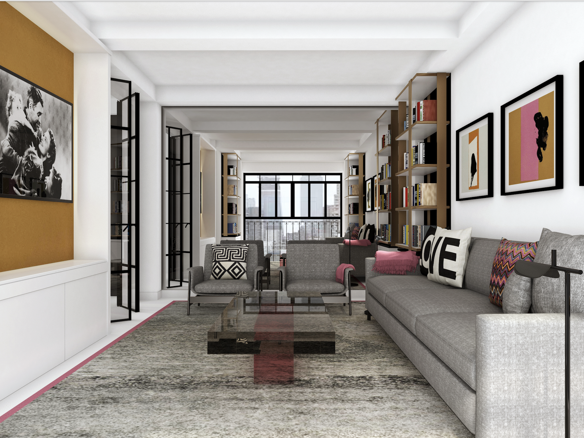 Contemporary London townhouse library and living room with bespoke bookcases, modern art, black-framed doors and comfortable seating by Stef Albert.