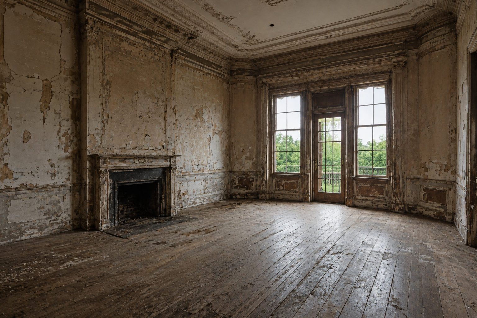 Historic Georgian manor library before restoration, showing damaged plasterwork, worn timber flooring, original fireplace, tall sash windows and period architectural detailing.