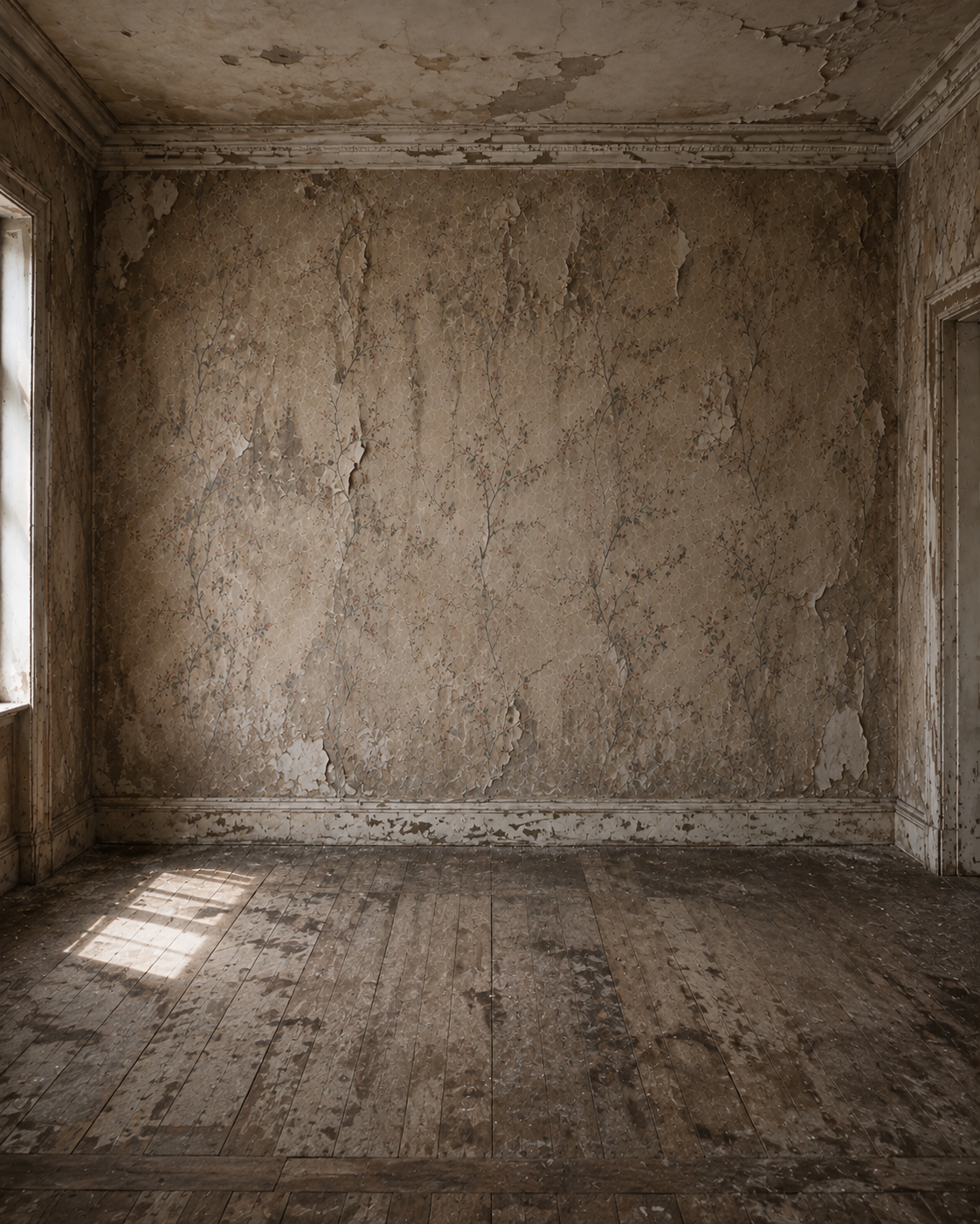 Historic Georgian manor bedroom before restoration, showing peeling wall finishes, worn timber flooring, tall sash window and original period proportions.