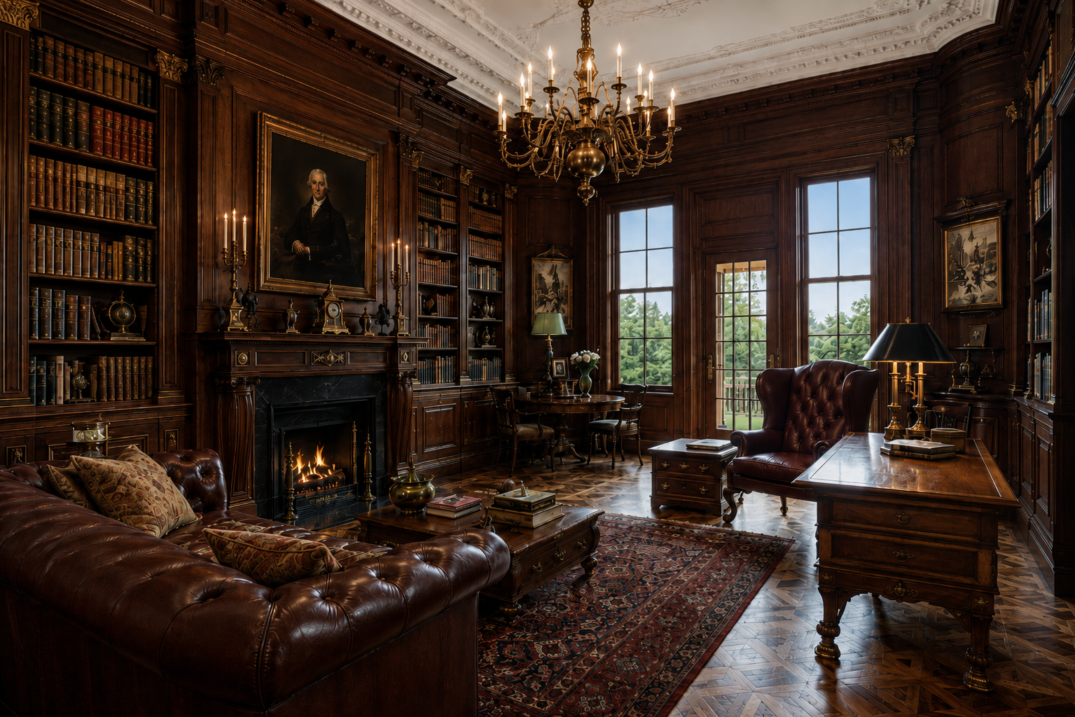 Masterfully restored Georgian manor library and study by Stef Albert, featuring bespoke mahogany bookcases and paneling, leather furniture, antique furnishings, brass lighting, oriental rugs and restored Georgian architectural details.