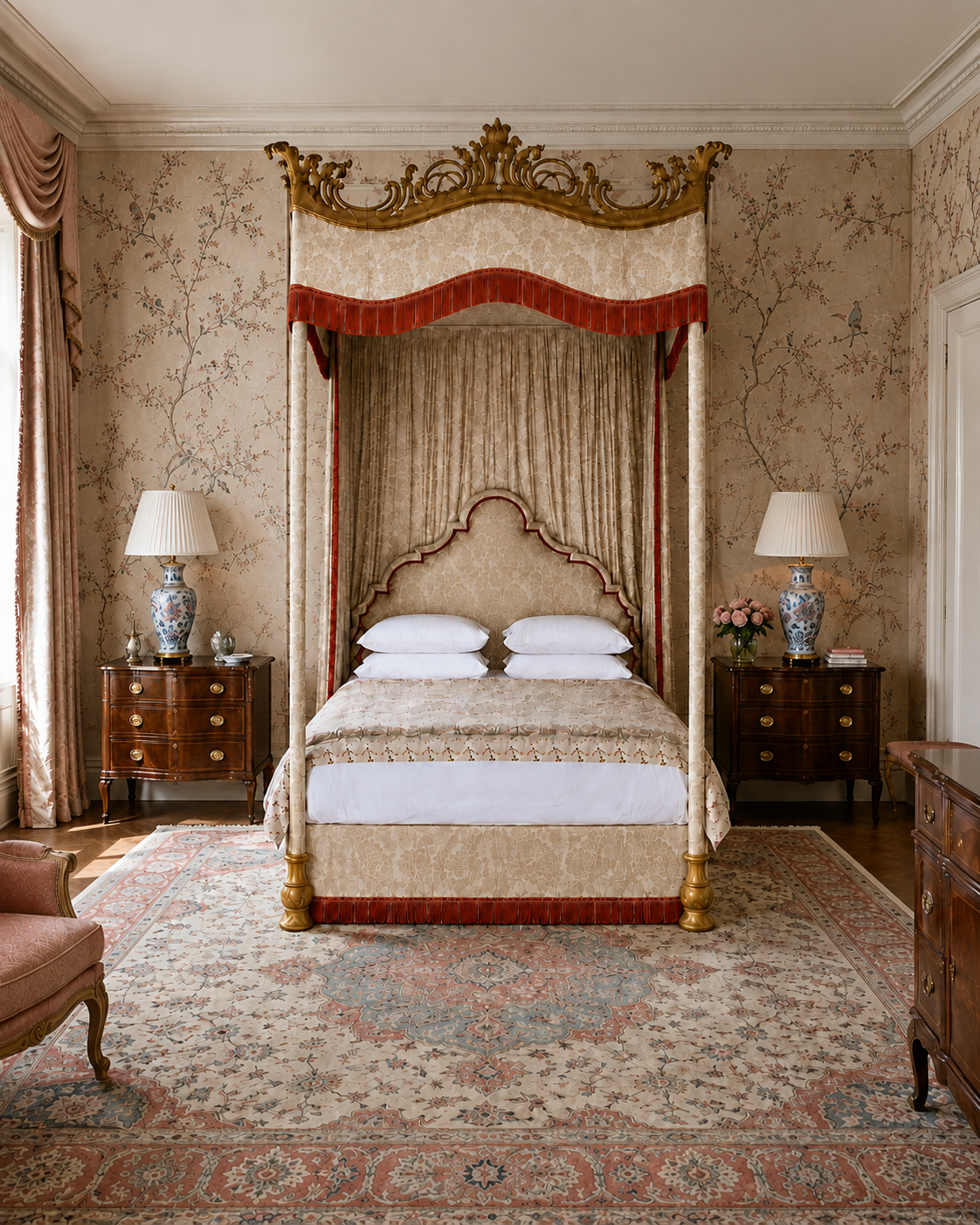 Georgian chinoiserie bedroom with an ornate full tester bed, scenic wallcovering, classical furniture and layered patterned textiles