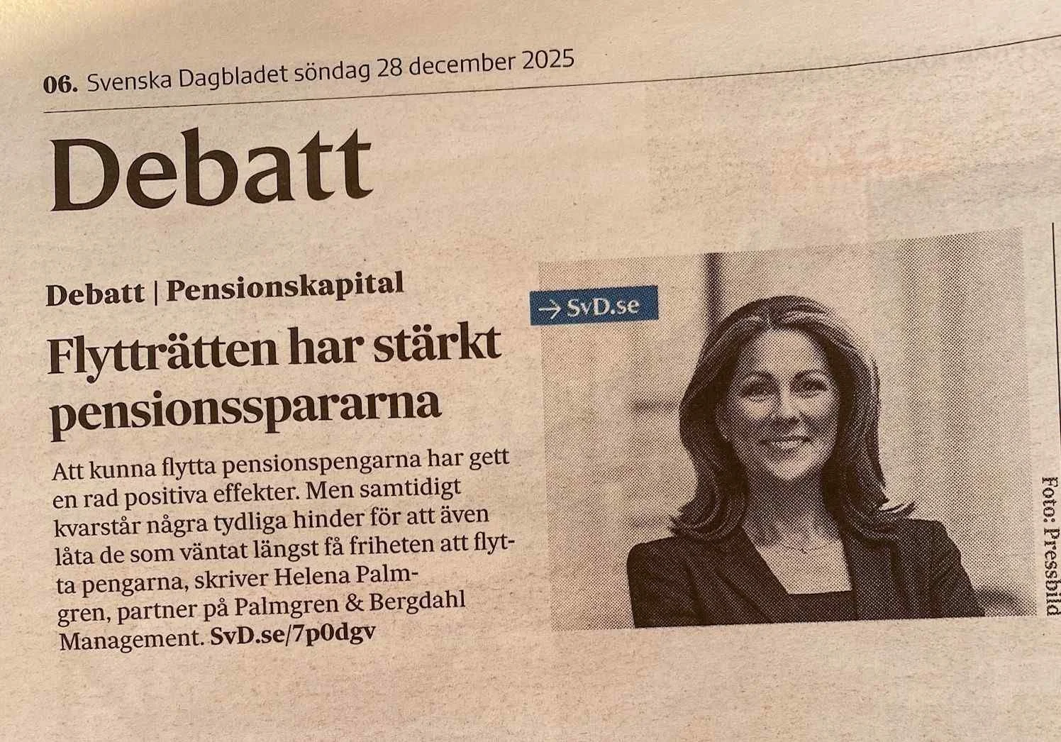 Helena Palmgren, en av Sverige främst experter på flytträtt av pension debatterar i Svd för de sparare som än idag inte medges flytt och därmed missar utvecklingen som flytträtten skapat.