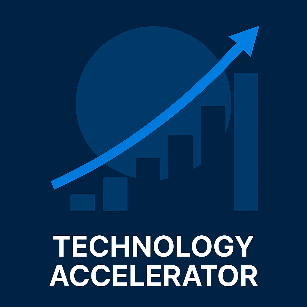 A graphic representing growth with a bar chart and an upward arrow over a dark blue background, with the text 'Technology Accelerator' below.