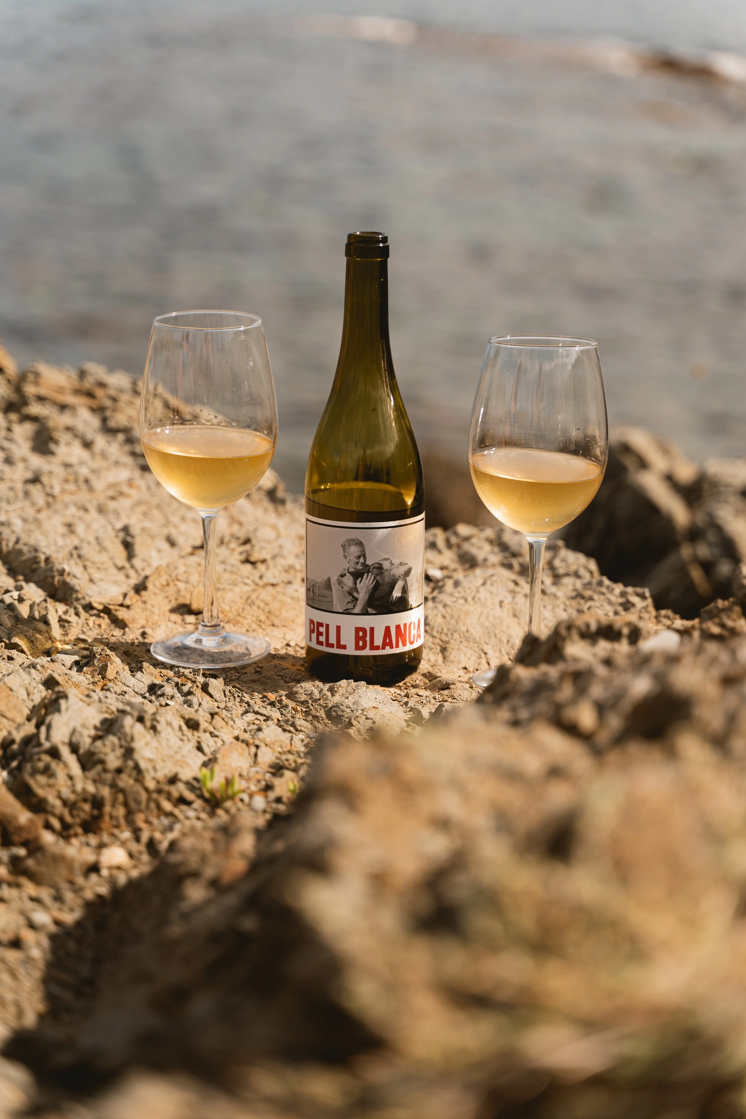 Botella de vino con etiqueta que dice 'Pell Blanca' y dos copas con vino en un entorno de rocas junto a un cuerpo de agua.