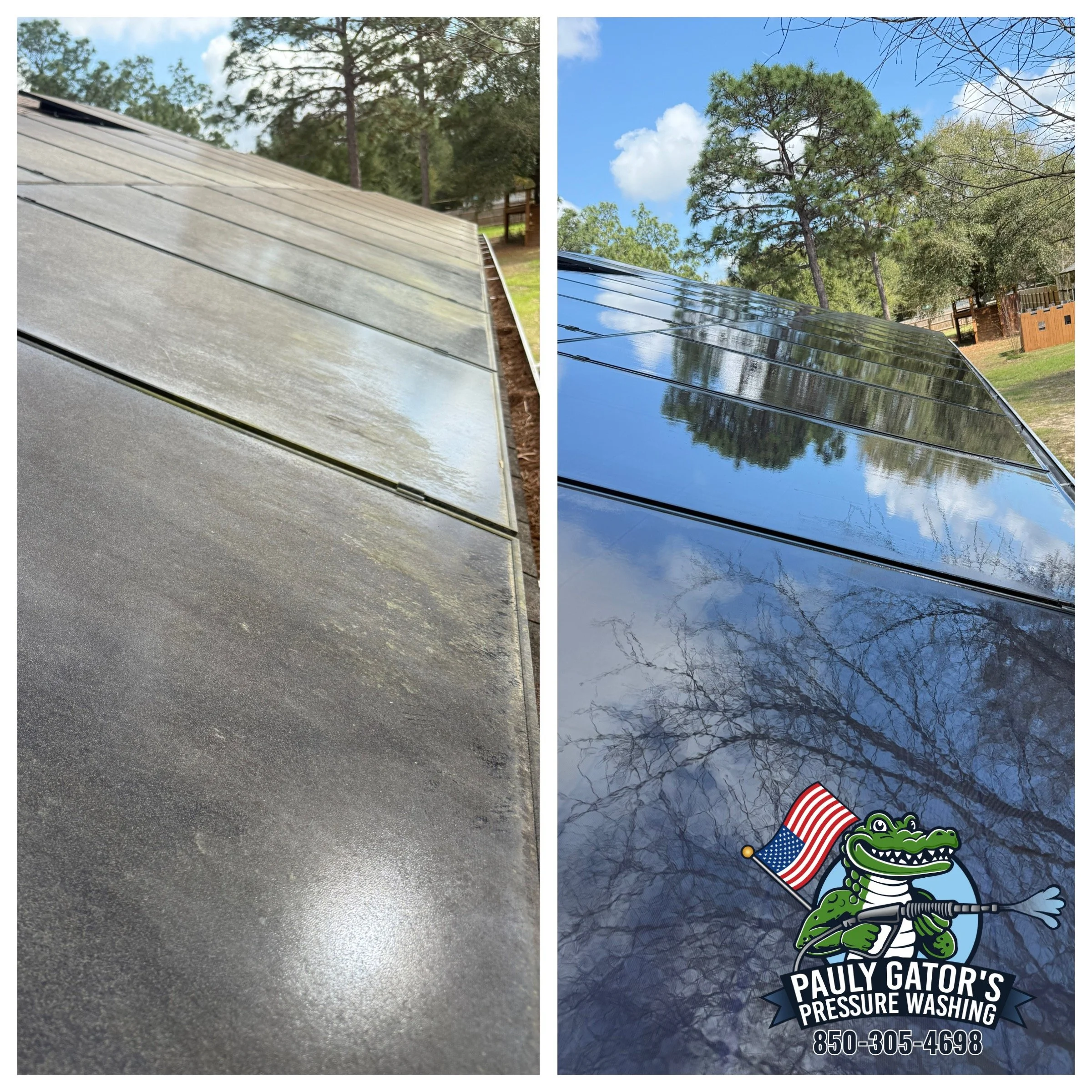 Close-up view of a solar panel with a sticker of a crocodile holding an American flag and a pressure washing company logo.