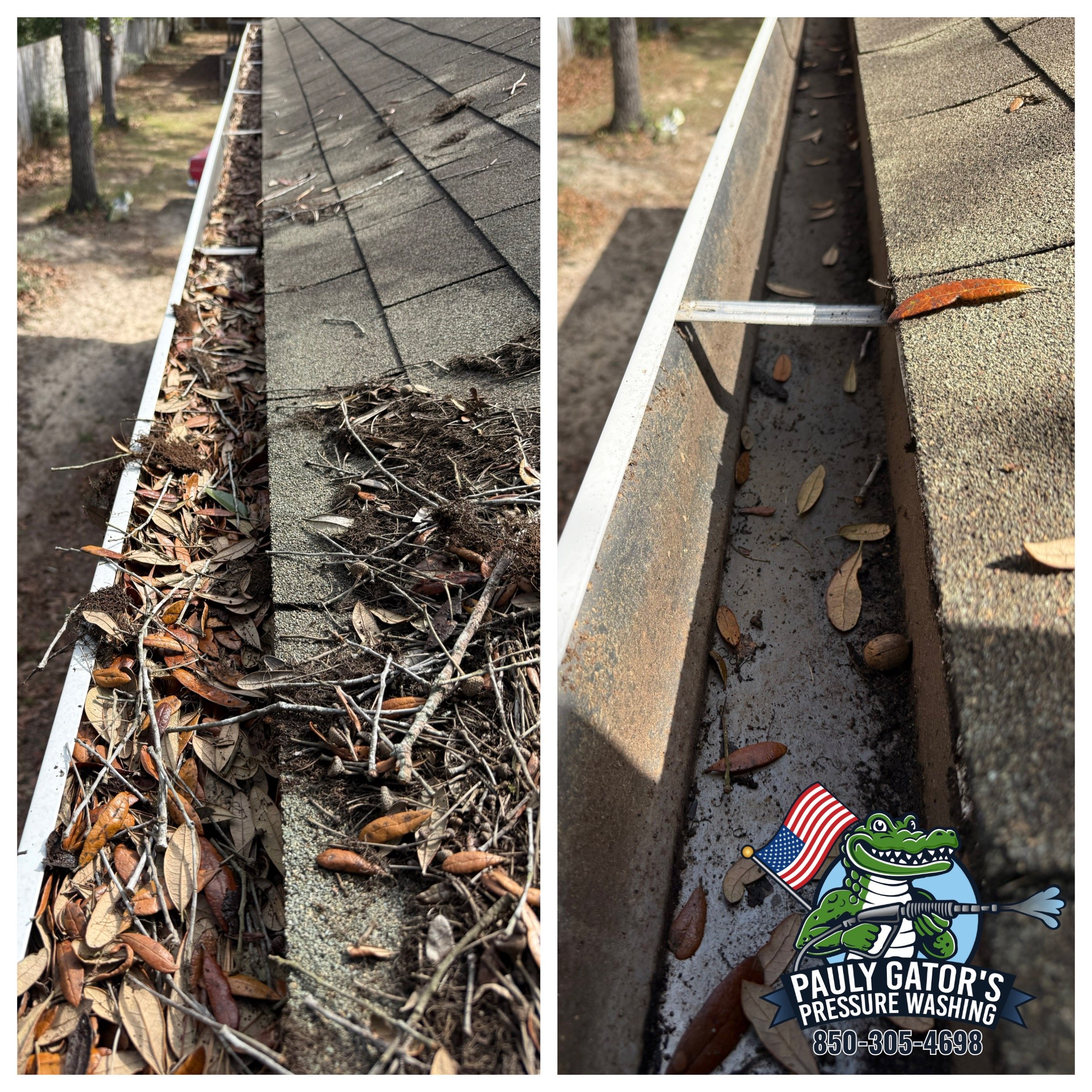 Before and after images of a house gutter: left side shows a gutter filled with leaves, twigs, and debris; right side shows the gutter cleaned out, with only a few leaves and debris remaining.
