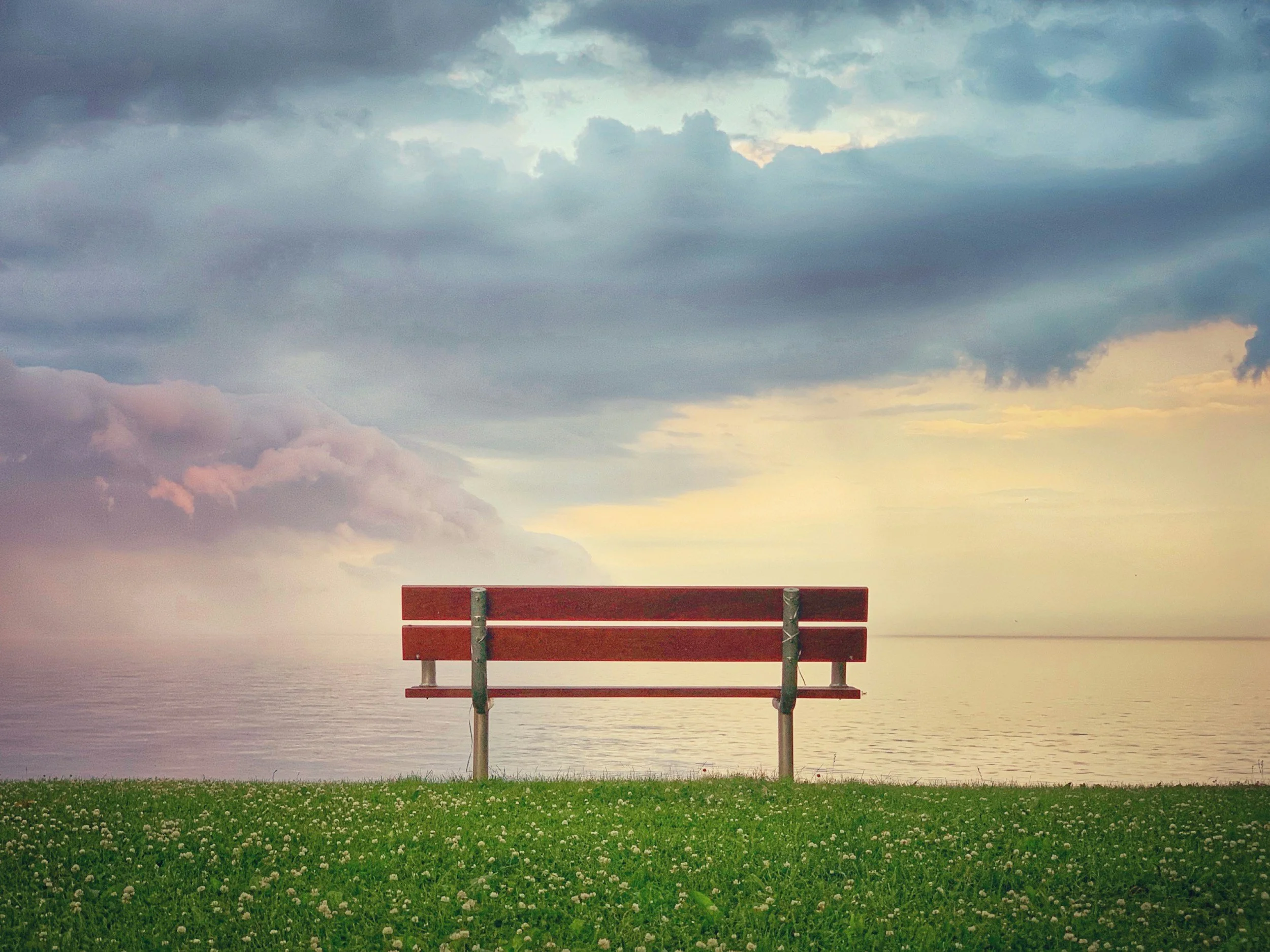 Empty red park bench facing a body of water with a cloudy sky overhead and some sunlight peeking through, greenery in the foreground.