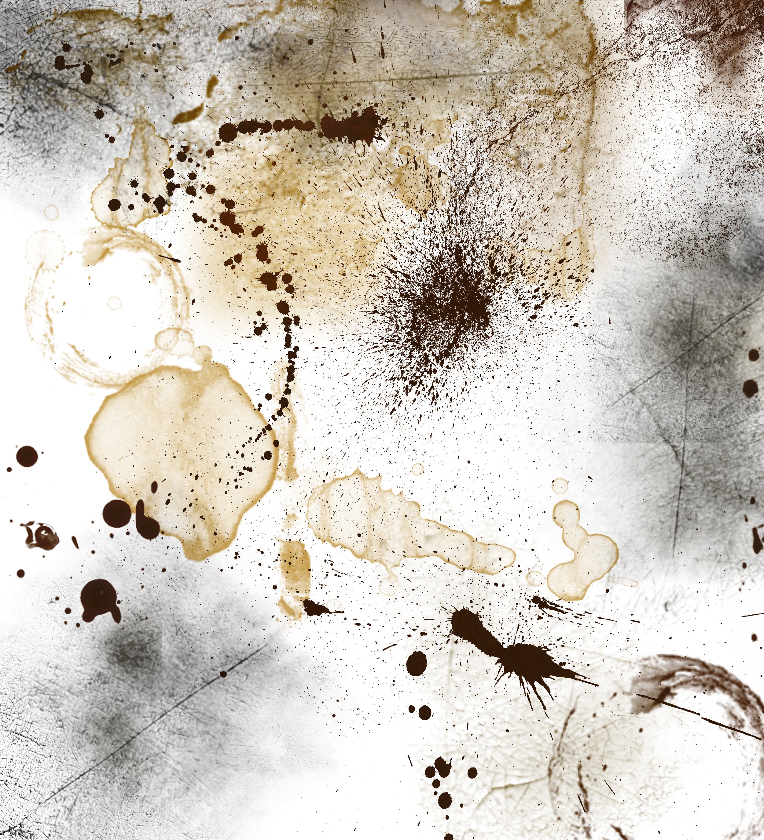 Abstract background with black and brown ink splatters, drips, and irregular shapes on a textured gray and white surface.